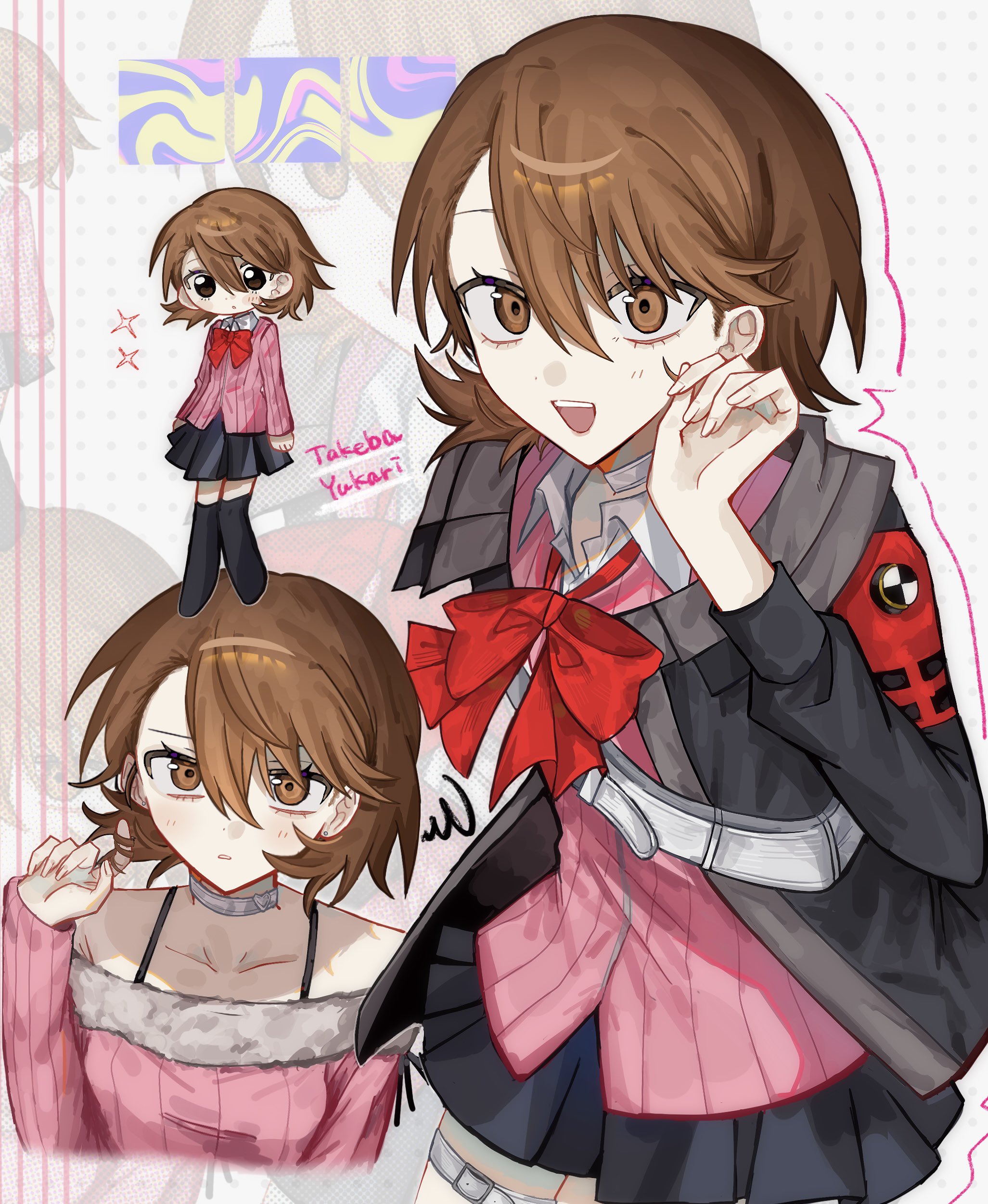 xyurux0, takeba yukari, persona, persona 3, persona 3 reload, absurdres, commentary request, highres, 1girl, :d, armband, black skirt, bow, bowtie, bra strap, brown eyes, brown hair, cardigan, character name, chibi, chibi inset, choker, collarbone, flipped hair, hair between eyes, hand up, heart, heart choker, looking at viewer, multiple views, open mouth, pink cardigan, pleated skirt, polka dot, polka dot background, red armband, red bow, red bowtie, ribbed cardigan, s.e.e.s, short hair, skirt, smile, sparkle, white background, white choker, zoom layer