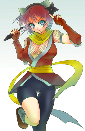 baby white, izuna (gouma reifuden izuna), gouma reifuden izuna, bad id, bad pixiv id, lowres, 1girl, asymmetrical clothes, breasts, cleavage, elbow gloves, female focus, fishnets, gloves, green eyes, kunai, large breasts, ninja, shuriken, single pantsleg, solo, weapon