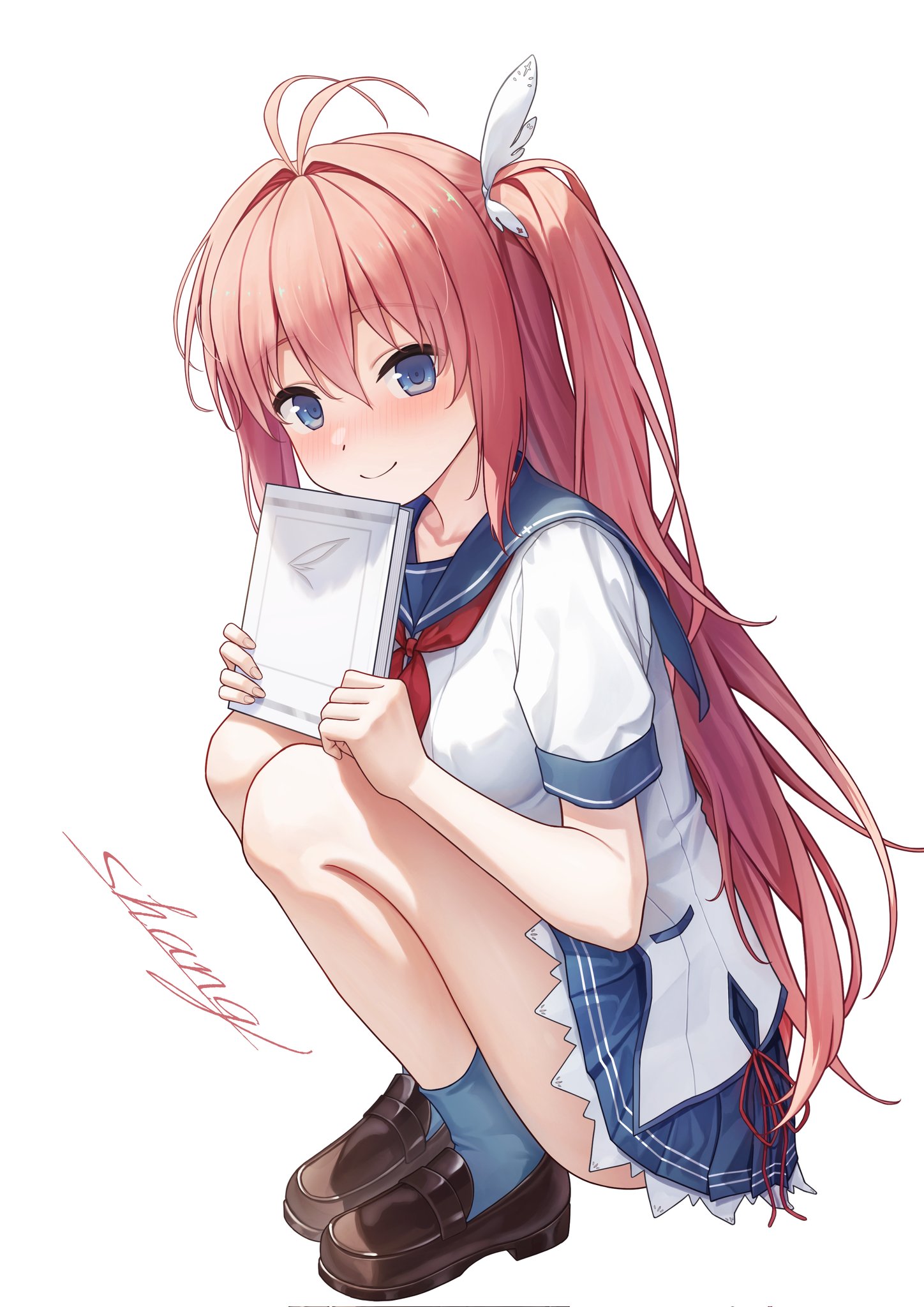 fu shang, ao no kanata no four rhythm, commentary request, highres, 1girl, ahoge, antenna hair, artist name, blue eyes, blue skirt, blue socks, blush, book, breasts, closed mouth, collarbone, eyebrows hidden by hair, eyelashes, feather hair ornament, feathers, full body, hair between eyes, hair ornament, hands on own knees, holding, holding book, large breasts, loafers, long hair, looking at viewer, neckerchief, nose blush, one side up, pink hair, pleated skirt, red neckerchief, ribbon, sailor collar, school uniform, serafuku, shirt, shoes, short sleeves, sidelocks, signature, skirt, smile, socks, solo, squatting, very long hair, white background, white shirt