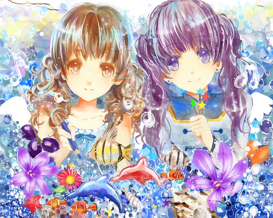 nagata ozu, original, bad id, bad pixiv id, brown eyes, brown hair, bubble, fish, flower, purple eyes, purple hair, twintails