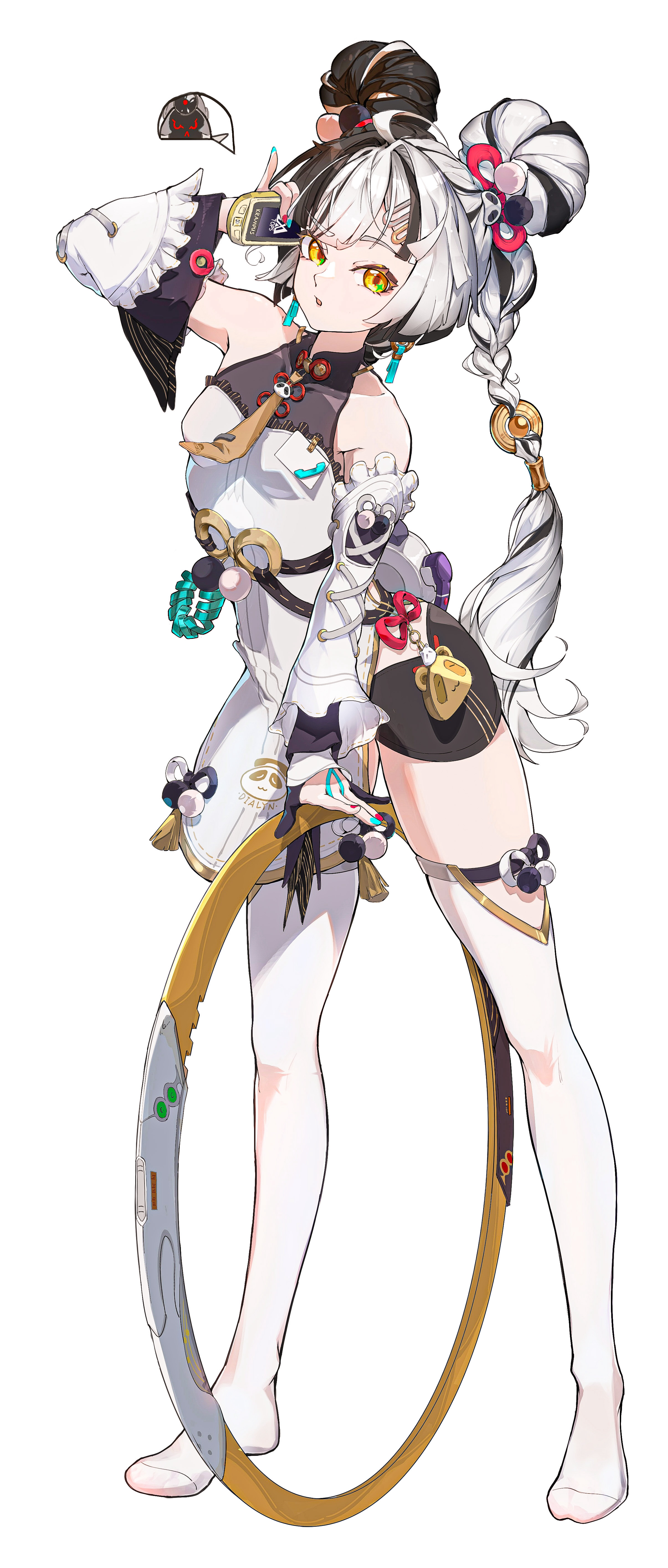 bubuqiu, bangboo (zenless zone zero), dialyn (zenless zone zero), zenless zone zero, absurdres, commentary request, highres, 1girl, ahoge, animal print, aqua nails, arm up, bare shoulders, bear print, black hair, black shorts, braid, braided twintails, chakram, china dress, chinese clothes, collarbone, detached sleeves, dress, earrings, full body, hair extensions, hair ornament, hairclip, holding, holding phone, holding weapon, jewelry, long hair, looking at viewer, multicolored hair, multicolored nails, necktie, no shoes, open mouth, panda hair ornament, panda print, phone, red nails, ring hair extensions, shorts, simple background, sparkling eyes, split-color hair, spoken character, standing, thighhighs, weapon, white background, white hair, white thighhighs, yellow eyes, yellow necktie