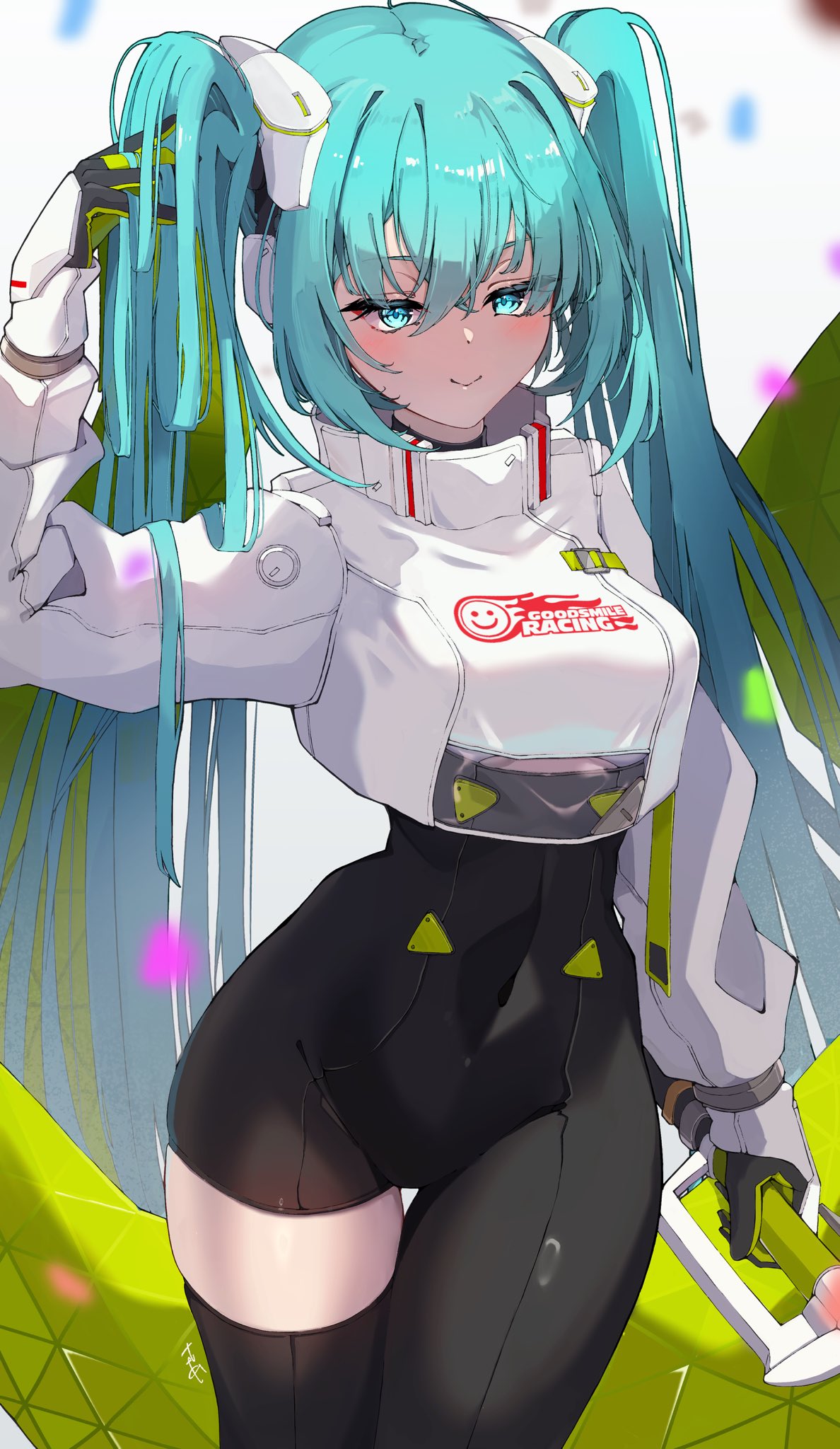 hatsune miku, racing miku, racing miku (2022), goodsmile company, goodsmile racing, vocaloid, commentary, highres, symbol-only commentary, 1girl, asymmetrical bodysuit, asymmetrical legwear, black bodysuit, black gloves, bodysuit, breasts, flag, gloves, green eyes, green gloves, green hair, hair between eyes, jacket, long hair, looking at viewer, medium breasts, solo, teasan, thighs, two-tone gloves, white jacket