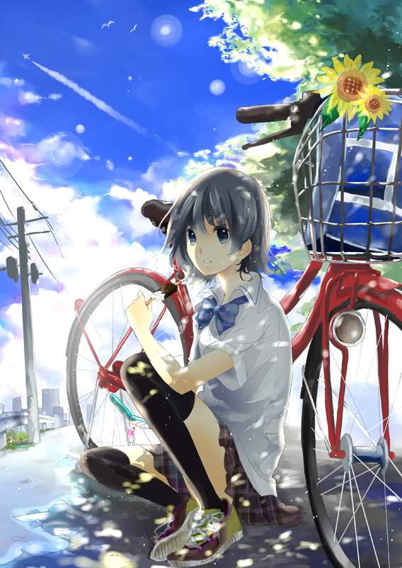 nagata ozu, original, bad id, bad pixiv id, 1girl, aircraft, airplane, bag, basket, bicycle, black eyes, black hair, black thighhighs, blouse, blue bow, blue bowtie, blue sky, bow, bowtie, cloud, contrail, dappled sunlight, day, female focus, flower, food, grey hair, guard rail, on ground, parted lips, plaid clothes, plaid skirt, popsicle, power lines, road, school bag, school uniform, shirt, shoes, short hair, short sleeves, sitting, skirt, sky, sneakers, solo, sunflower, sunlight, thighhighs, utility pole, white shirt, wing collar