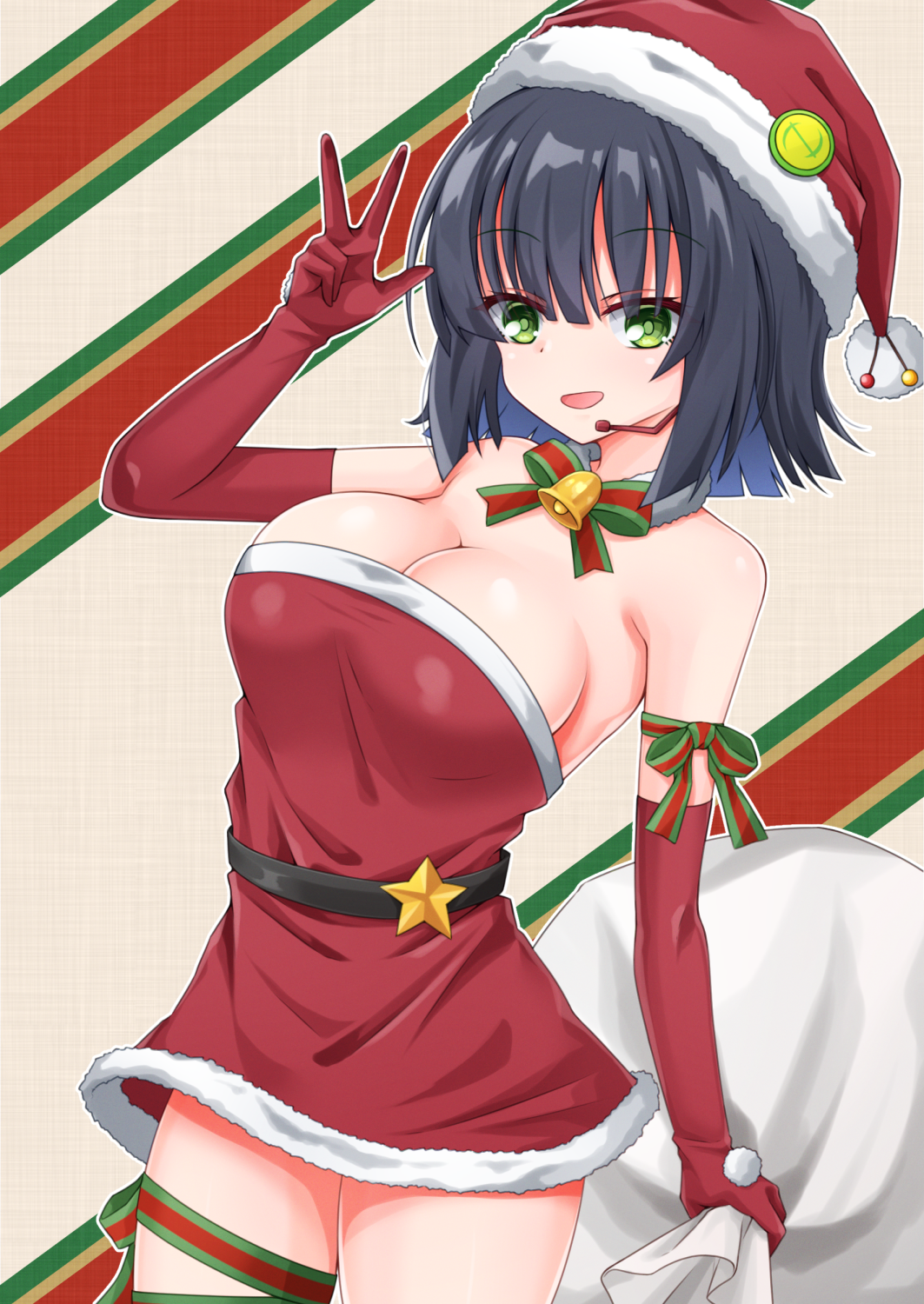 aatsu, kyoumachi seika, voiceroid, commentary, highres, symbol-only commentary, 1girl, :d, bare shoulders, belt, black belt, black hair, breasts, cleavage, dress, elbow gloves, gloves, green eyes, hand up, hat, large breasts, leg ribbon, looking at viewer, low neckline, medium hair, microphone, no bra, open mouth, red dress, red gloves, ribbon, santa costume, santa dress, santa hat, short dress, smile, solo, star ornament, strapless, strapless dress, thigh ribbon, thighs, tube dress, w, w over eye