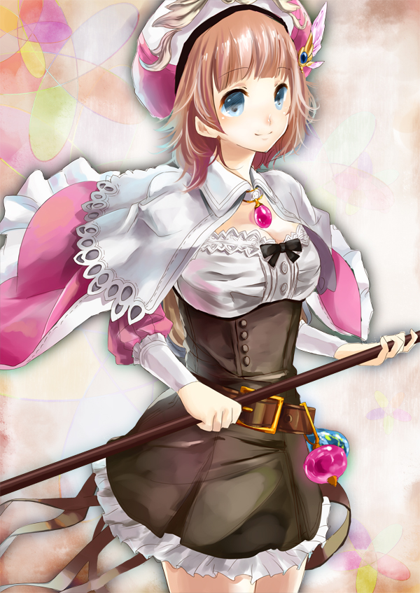 nagata ozu, rorolina frixell, atelier (series), atelier rorona, bad id, bad pixiv id, 1girl, belt, blue eyes, brown dress, brown hair, dress, female focus, hat, jewelry, pendant, smile, solo, staff