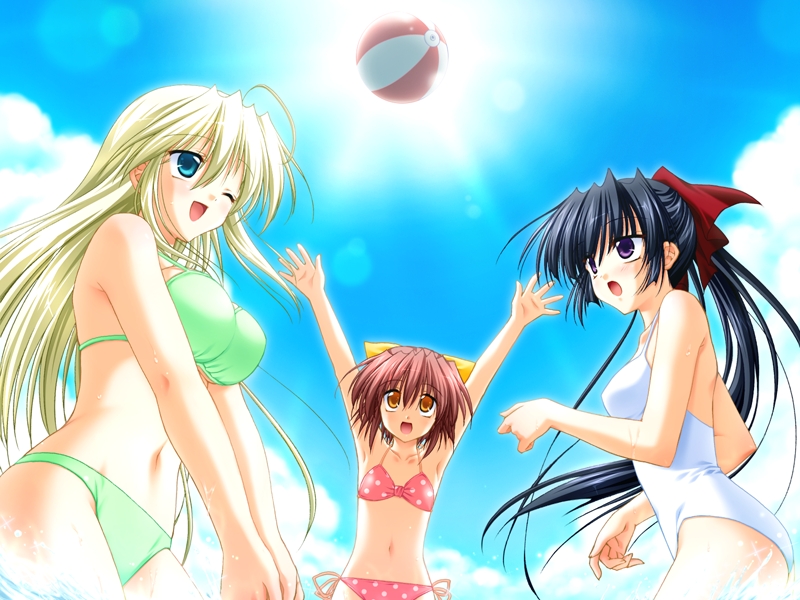 asaba yuu, hanamori hinata, sora kirishima, yanagi nao, kimi to koishite musubarete, game cg, non-web source, 3girls, arms up, ball, beachball, bikini, black hair, blonde hair, breasts, brown hair, cloud, day, flat chest, green eyes, large breasts, lens flare, multiple girls, one-piece swimsuit, one eye closed, orange eyes, outstretched arms, polka dot, polka dot bikini, polka dot swimsuit, ponytail, purple eyes, short hair, sky, swimsuit, wink