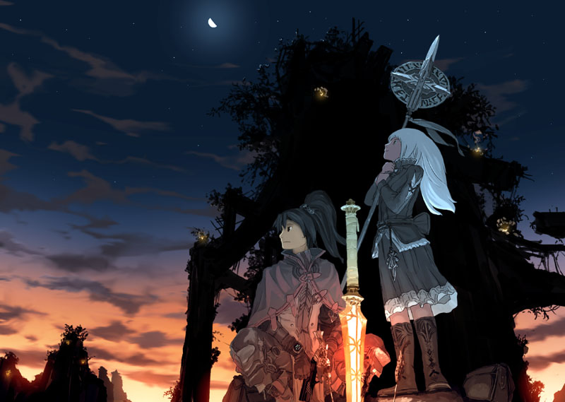 teikoku shounen, bad id, bad pixiv id, 1boy, 1girl, boots, cloud, dress, fantasy, looking up, moon, night, profile, sky, smile, sunset, sword, tree, twilight, weapon