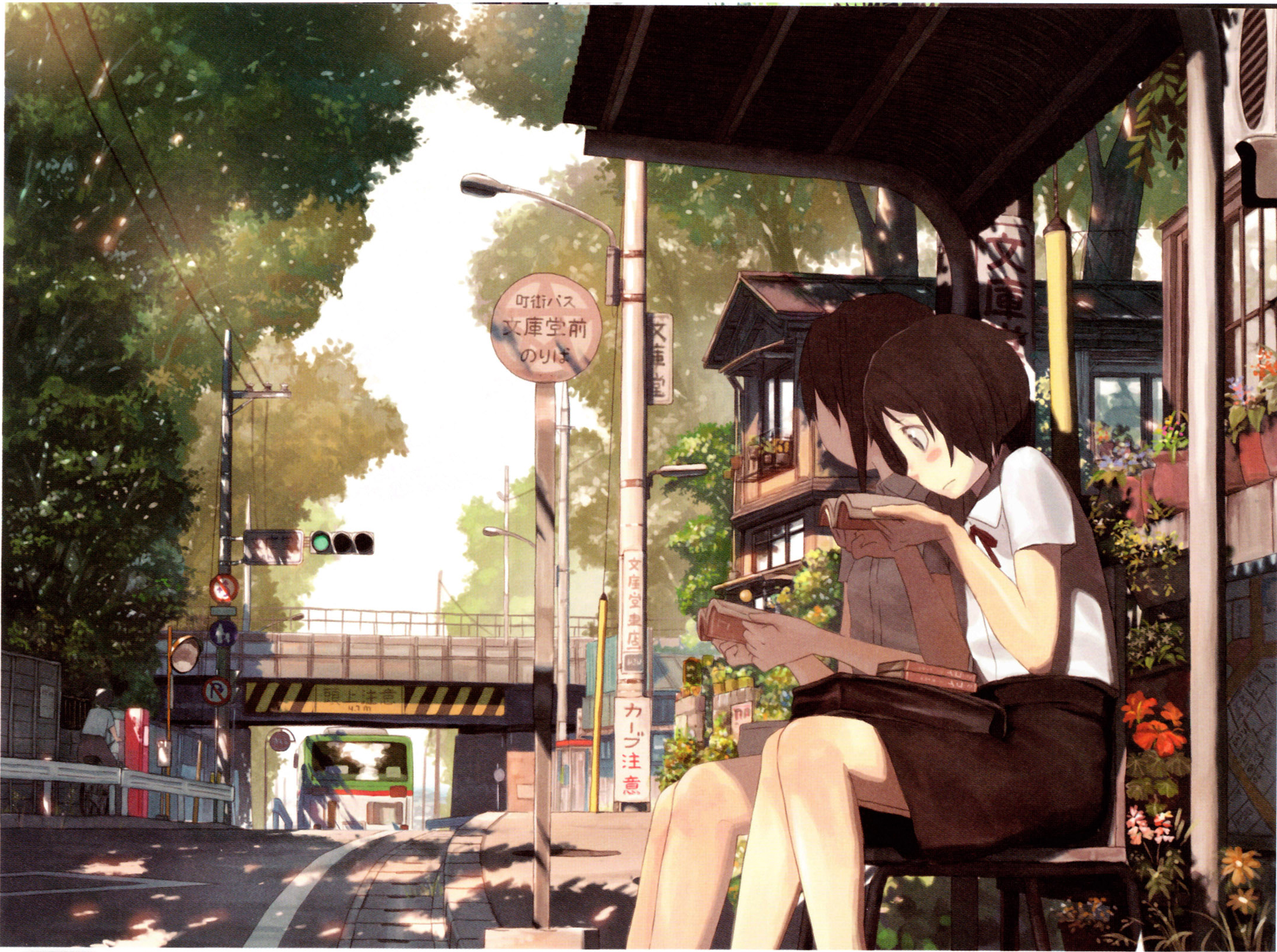 teikoku shounen, original, vehicle, bad id, bad pixiv id, highres, scan, 2girls, bag, bench, bicycle, black hair, blush, blush stickers, book, bridge, brown hair, bus, bus stop, flower, lamppost, motor vehicle, multiple girls, open book, power lines, profile, reading, road, scenery, school bag, school uniform, shade, short hair, sign, sitting, slice of life, street, traffic light, traffic mirror, tree, tree shade, utility pole