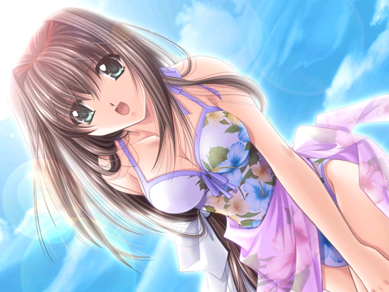 yamamoto kazue, twin way, game cg, non-web source, source request, 1girl, breasts, brown hair, cleavage, cloud, day, dutch angle, female focus, from below, green eyes, hand on own thigh, large breasts, leaning forward, lens flare, long hair, one-piece swimsuit, open mouth, pink sarong, sarong, sky, solo, swimsuit