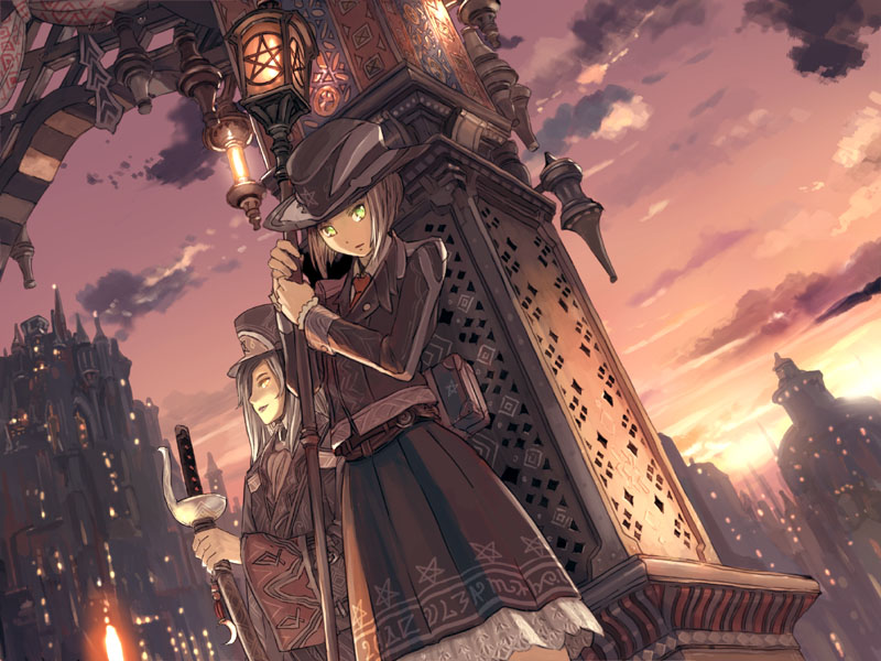 teikoku shounen, bad id, bad pixiv id, brown hair, city, cloud, dutch angle, fantasy, katana, lamp, lamppost, short hair, sky, smirk, staff, sword, twilight, weapon