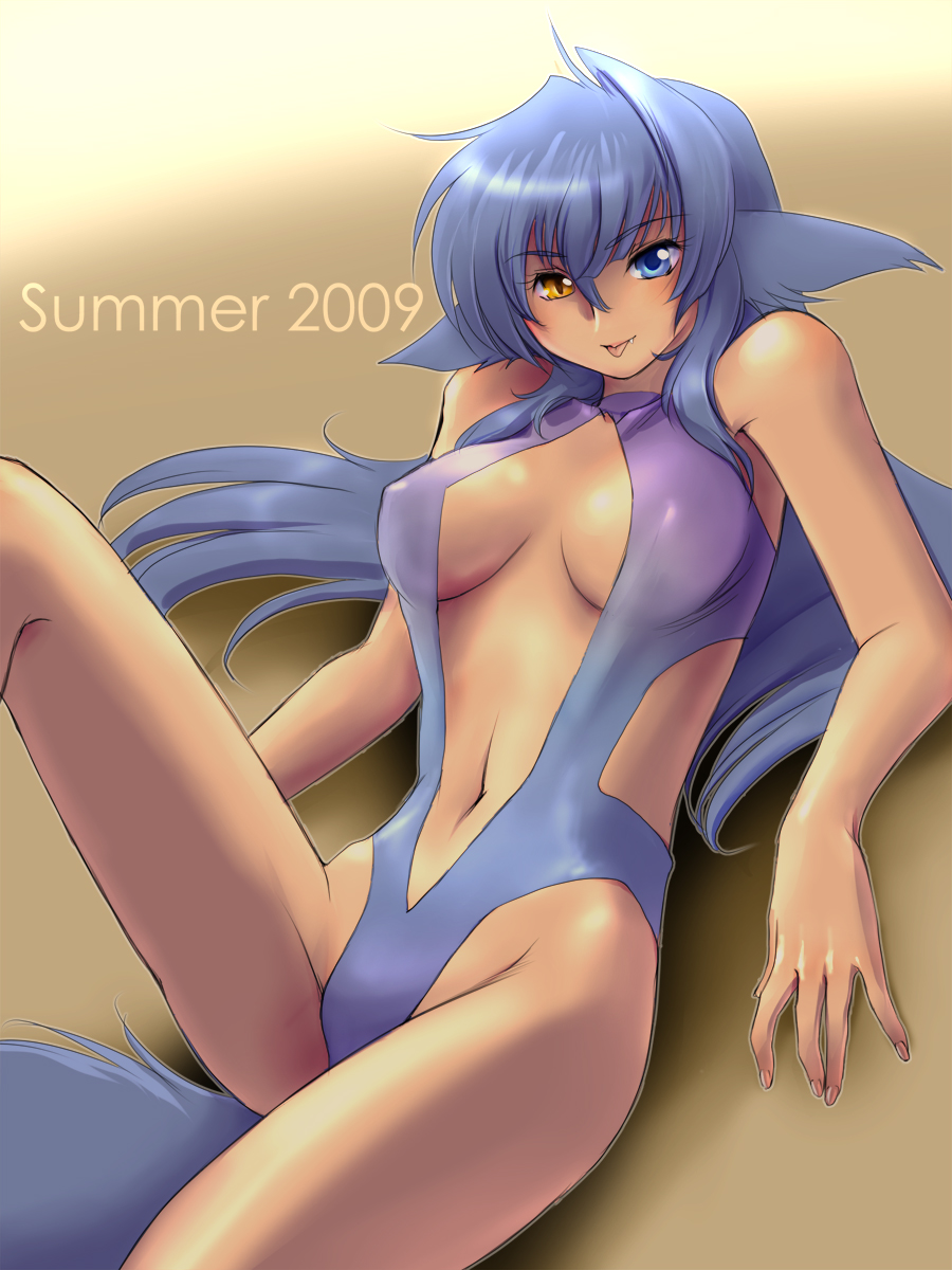 yagisaka seto, follower (yagisaka seto), original, gender request, highres, 00s, 1girl, 2009, :p, animal ears, blue hair, casual one-piece swimsuit, dog ears, fang, female focus, genderswap, heterochromia, long hair, navel, one-piece swimsuit, solo, swimsuit, tail, tongue, tongue out
