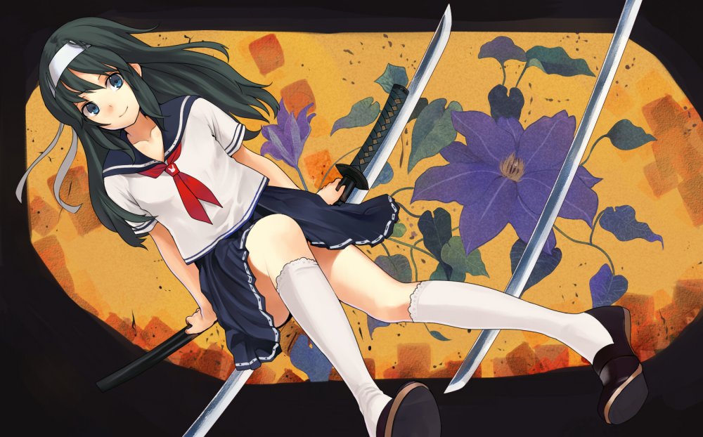 aki (mare desiderii), original, bad id, black hair, blue eyes, clematis (flower), flower, hairband, katana, school uniform, serafuku, skirt, smile, solo, sword, weapon