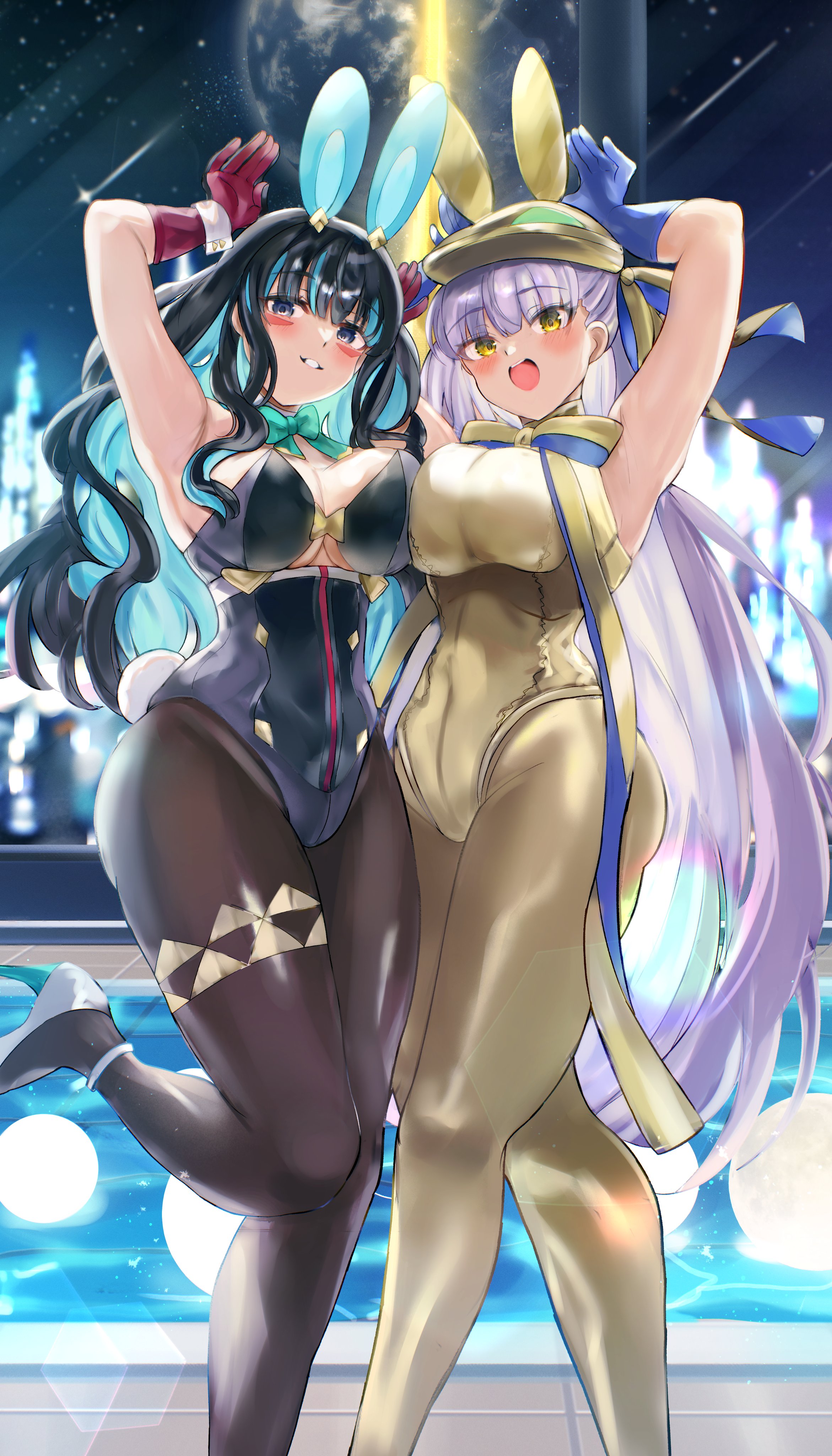 klash, bb (fate), golden bb (fate), tenochtitlan (fate), tenochtitlan (swimsuit mooncancer) (third ascension) (fate), fate/grand order, fate (series), tenochtitlan (swimsuit mooncancer) (fate), absurdres, commentary request, highres, revision, 2girls, animal ears, animal hat, armpits, arms up, bare shoulders, black gloves, black hair, black leotard, blue gloves, blue hair, blush, bodysuit, bow, bowtie, breasts, brown pantyhose, cleavage, colored inner hair, detached collar, elbow gloves, eyeliner, fake animal ears, gloves, gold leotard, gold ribbon, grey eyes, grin, hair ribbon, halterneck, hat, highleg, highleg leotard, large breasts, leotard, long hair, looking at viewer, makeup, multicolored hair, multiple girls, neck ribbon, night, night sky, open mouth, pantyhose, playboy bunny, pool, poolside, purple hair, rabbit ears, rabbit hat, rabbit tail, red gloves, ribbon, sidelocks, sky, smile, tail, very long hair, wrist cuffs, yellow eyes, yellow pantyhose