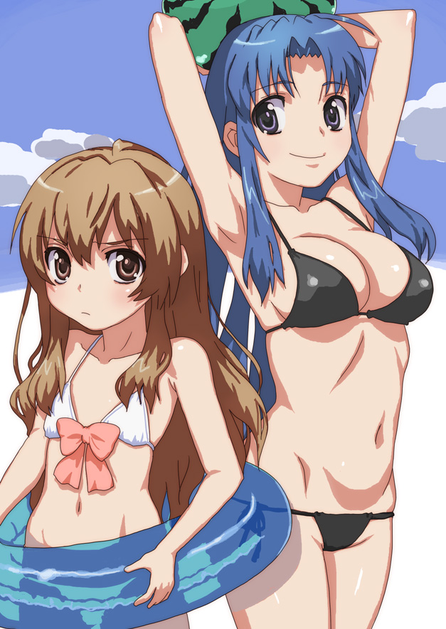hirose (mokiki), aisaka taiga, kawashima ami, toradora!, 00s, 2girls, armpits, arms up, bikini, blue hair, blush, breasts, brown eyes, brown hair, cleavage, day, flat chest, food, fruit, innertube, long hair, medium breasts, multiple girls, purple eyes, swim ring, swimsuit, watermelon