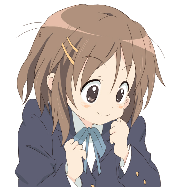 core (mayomayo), hirasawa yui, k-on!, bad id, bad pixiv id, 00s, brown eyes, brown hair, school uniform, short hair, simple background, solo