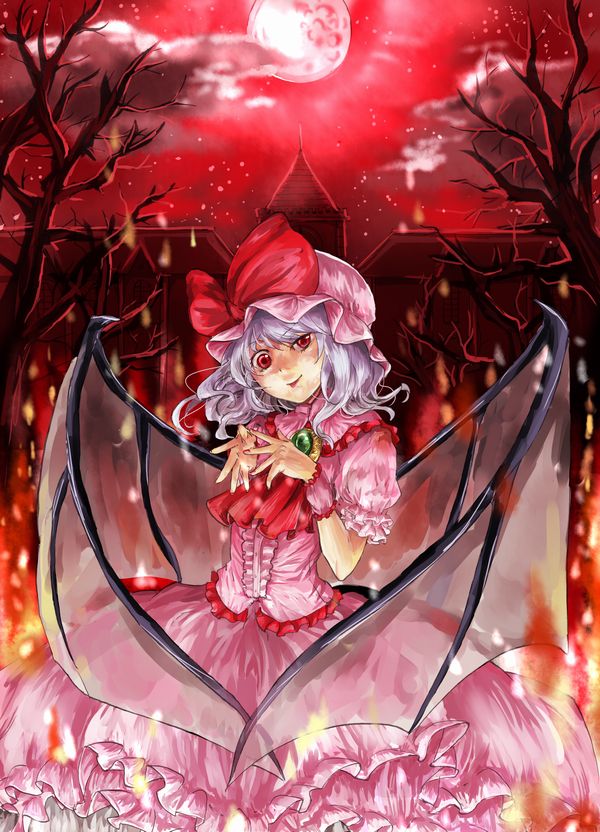 fuji warabi, remilia scarlet, touhou, bad id, bad pixiv id, 1girl, bat wings, cloud, female focus, fire, moon, outdoors, plant, red moon, scarlet devil mansion, sky, solo, standing, tree, wings