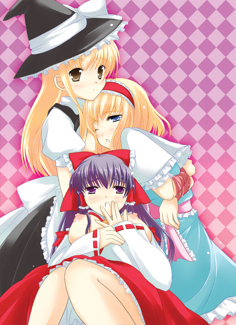 azuma kei, alice margatroid, hakurei reimu, kirisame marisa, touhou, 3girls, blonde hair, blue eyes, bow, breasts, detached sleeves, female focus, hairband, hat, large breasts, long hair, multiple girls, nipples, one eye closed, purple eyes, purple hair, short hair, wink, witch hat, yellow eyes