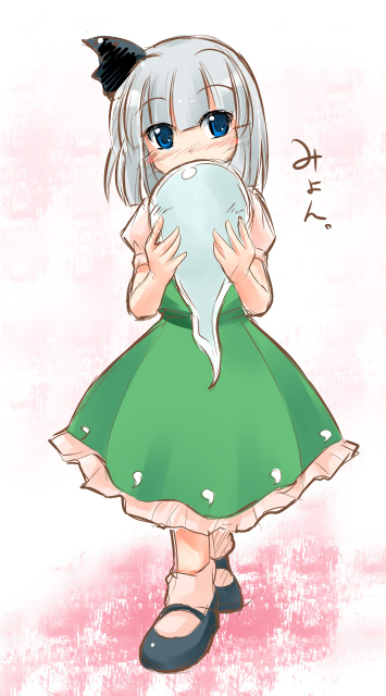 fechirin, konpaku youmu, konpaku youmu (ghost), touhou, silver hair, 1girl, blue eyes, blunt bangs, blush, bob cut, female focus, full body, ghost, hairband, head tilt, hitodama, raised eyebrows, short hair, solo