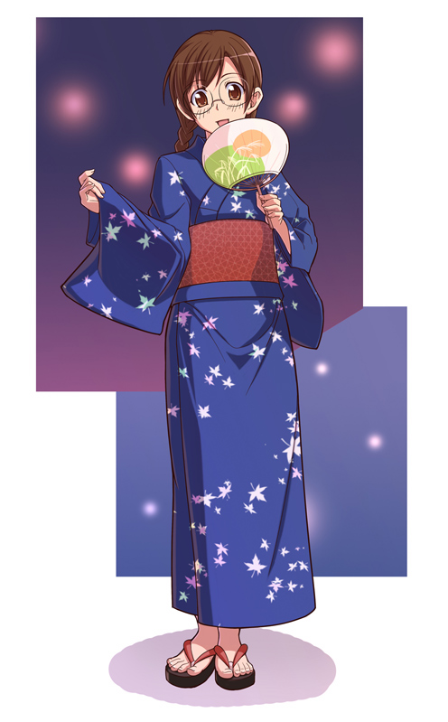 e20, clala, quiz magic academy, 1girl, braid, brown eyes, brown hair, female focus, full body, glasses, hand fan, holding, holding fan, japanese clothes, kimono, paper fan, sandals, shadow, solo, standing, twin braids, twintails, uchiwa, yukata