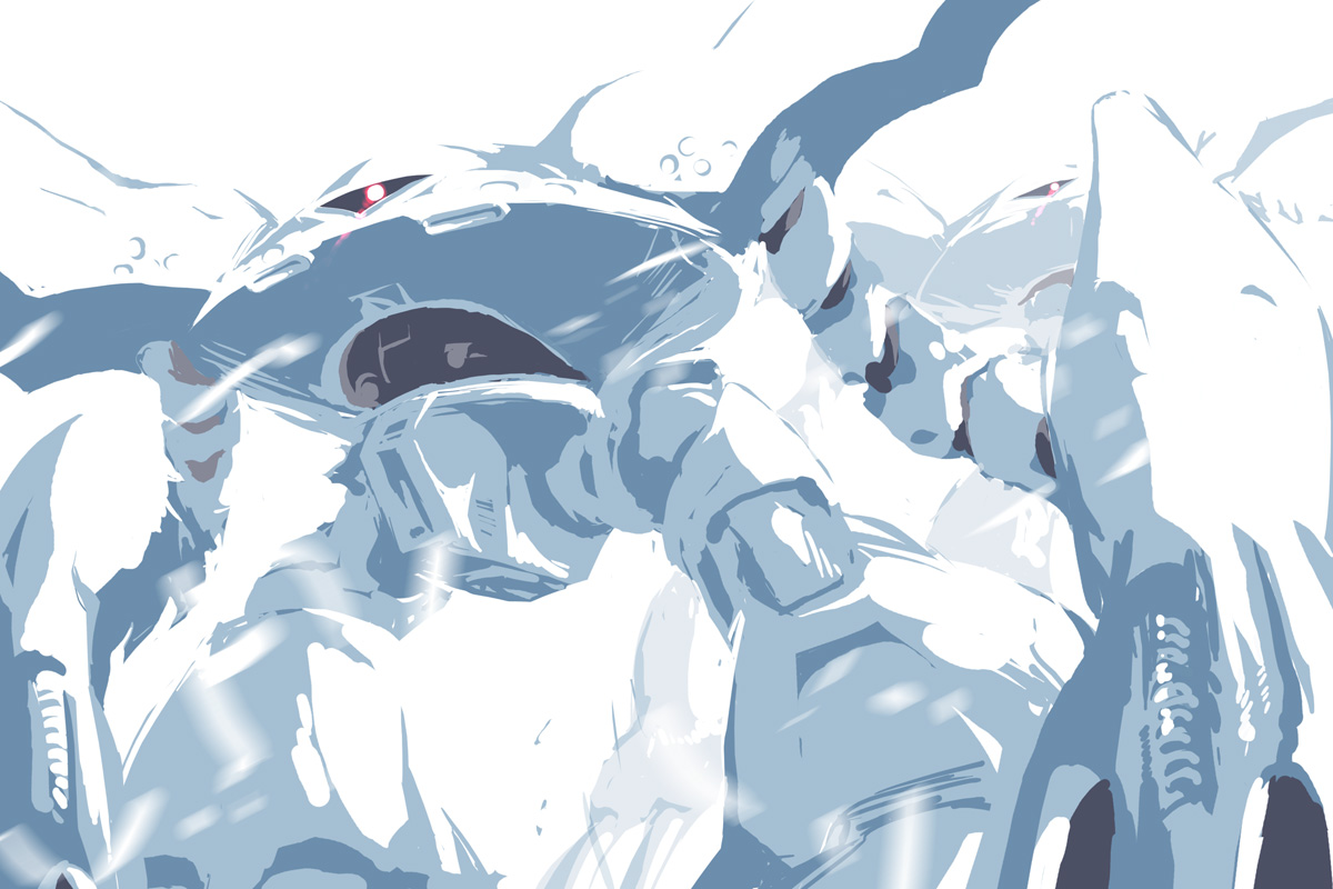 noise (lesion949), hygogg, gundam, gundam 0080, 1980s (style), armor, helmet, machinery, mecha, no humans, oldschool, retro artstyle, robot, solo, weapon