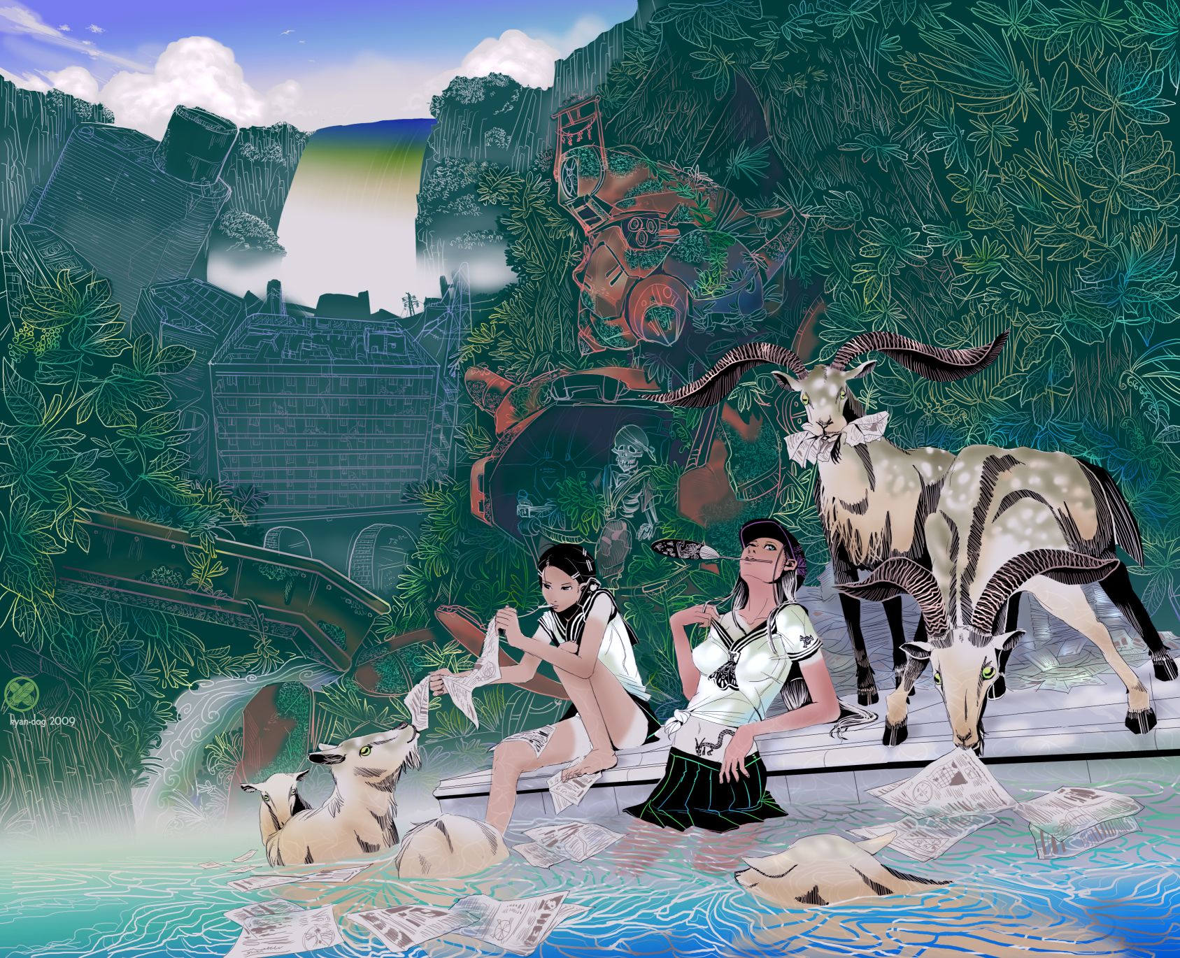kyan-dog, original, highres, 2girls, barefoot, feeding, goat, mecha, multiple girls, newspaper, robot, scenery, school uniform, serafuku, soaking feet, tattoo, water, waterfall, wet