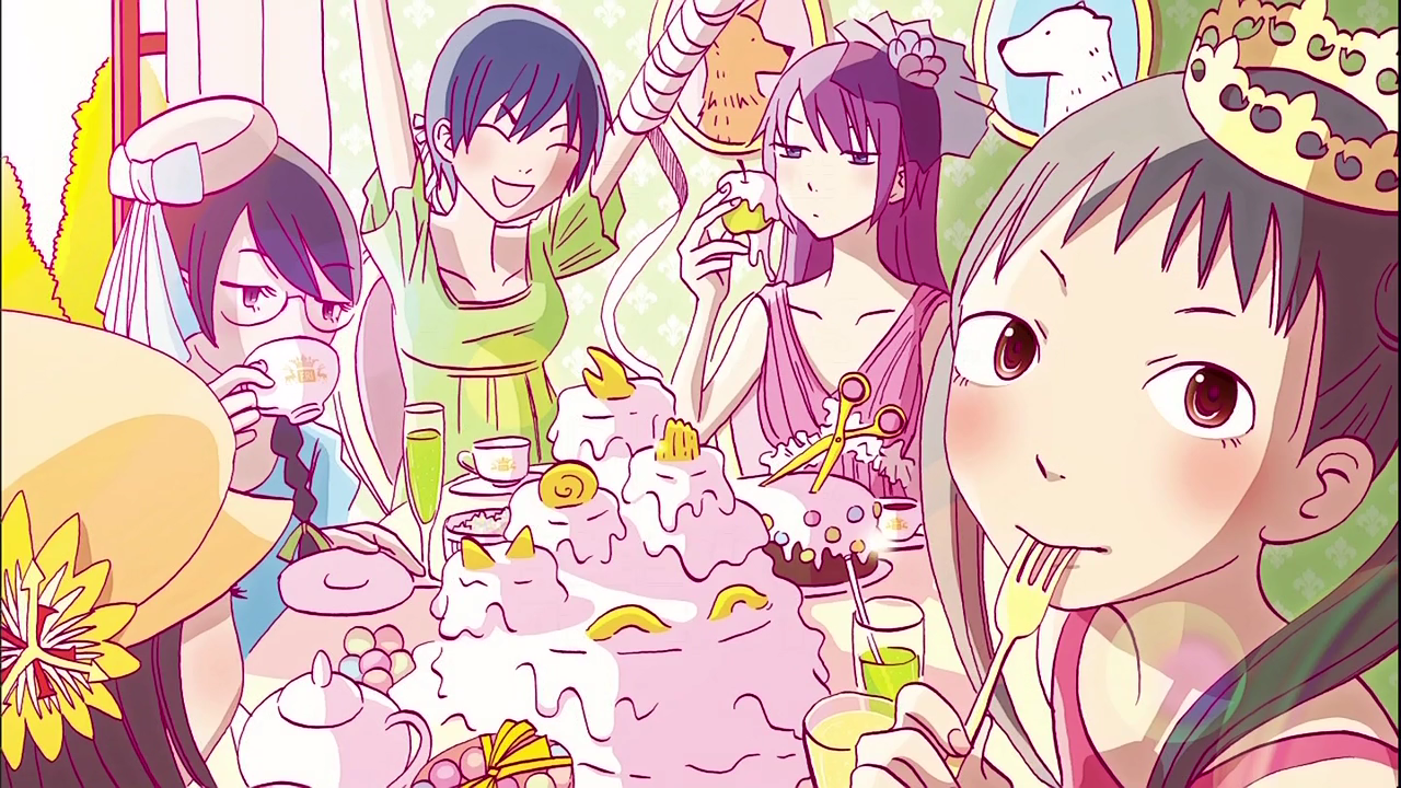 erisawa seiko, hachikuji mayoi, hanekawa tsubasa, kanbaru suruga, sengoku nadeko, senjougahara hitagi, bakemonogatari, monogatari (series), nekomonogatari, 00s, 10s, 5girls, crown, food, hat, long hair, multiple girls, newsboy cap, purple eyes, red eyes, short hair, smile, twintails