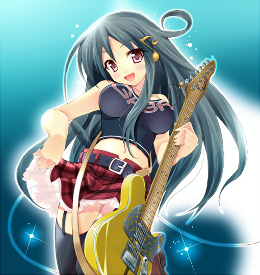 komone ushio, gaku buru, 1girl, belt, breasts, female focus, garter belt, guitar, hair ornament, instrument, jewelry, large breasts, long hair, midriff, musical note, necklace, open mouth, pink eyes, skirt, skirt hold, solo, sparkle, tele(guitar), thighhighs