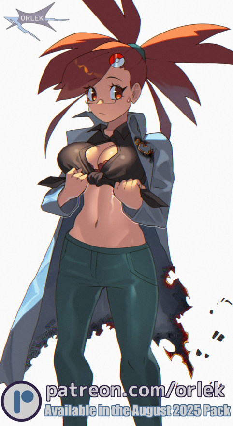orlek, flannery (pokemon), nintendo, pokemon, pokemon oras, commentary, 1girl, artist name, breasts, burnt clothes, closed mouth, coat, eyelashes, glasses, green pants, hair ornament, holding, navel, open clothes, open coat, orange eyes, pants, patreon logo, red hair, shirt, solo, split ponytail, stomach, sweatdrop, tied shirt, torn clothes, torn coat, watermark, web address, white background