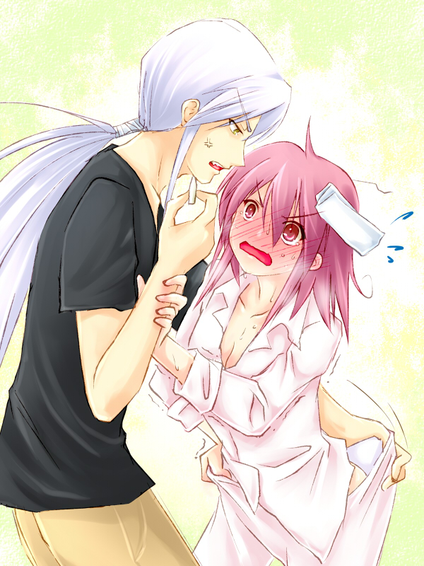 piku, merihim, wilhelmina carmel, shakugan no shana, 00s, 1boy, 1girl, angry, blush, embarrassed, pajamas, pink eyes, pink hair, sick, suppository, surprised, white hair