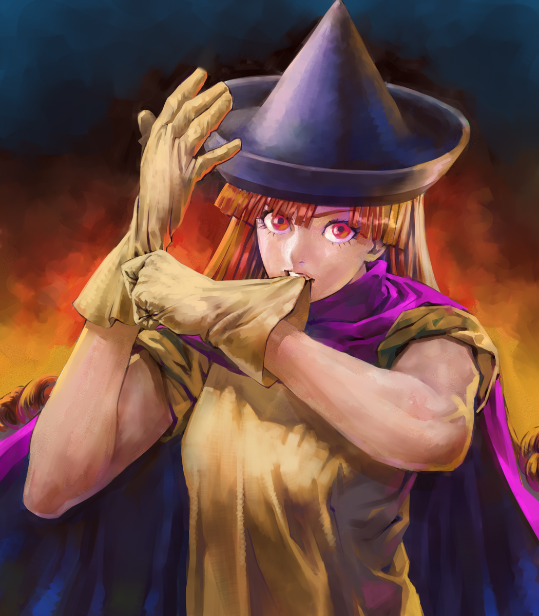 diolemonde, alena (dq4), chunsoft, dragon quest, dragon quest iv, enix, highres, 1girl, biting, biting glove, cape, curly hair, female focus, gloves, hat, mouth hold, muscular, orange hair, red eyes, solo, witch hat