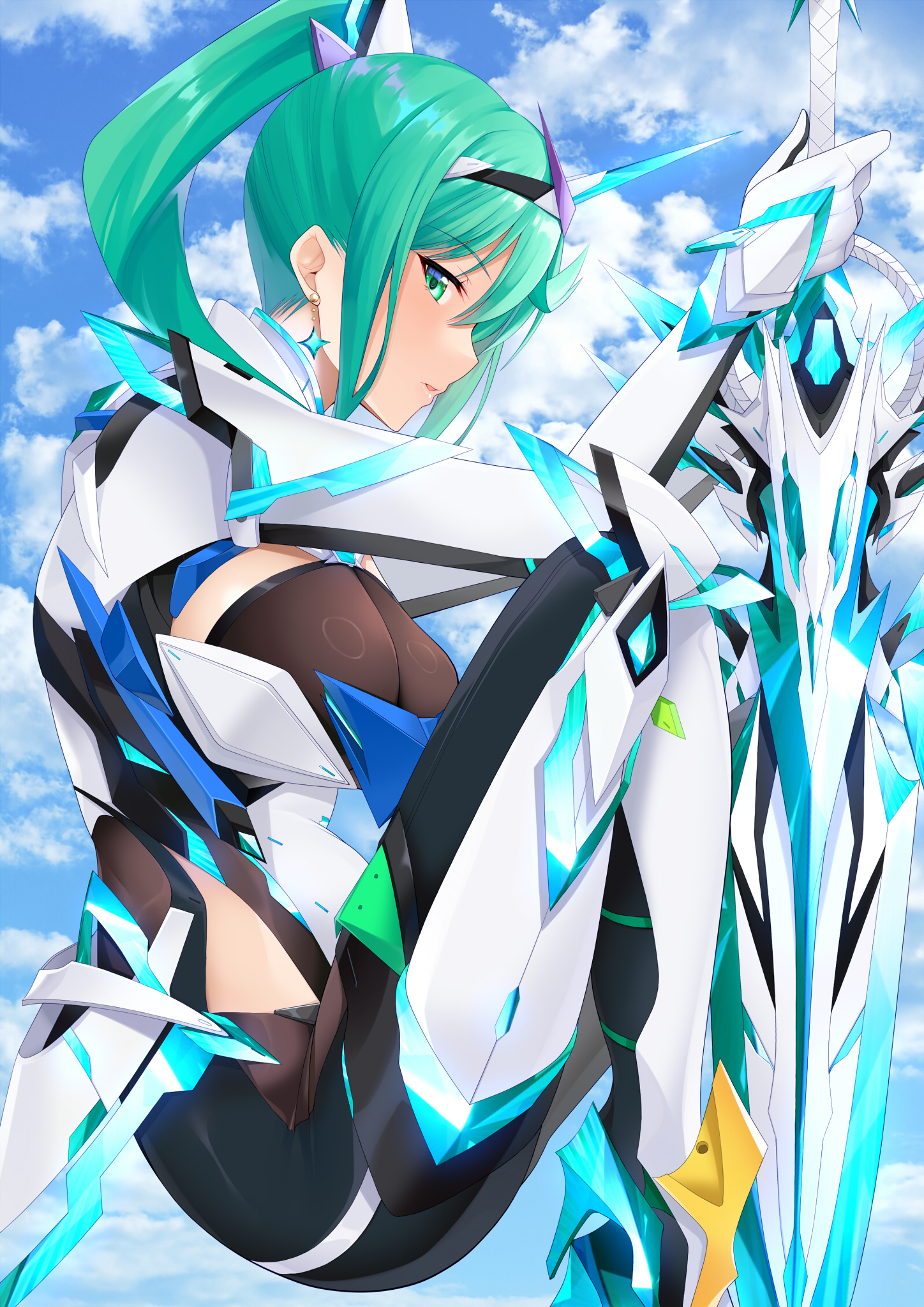 daive, pneuma (xenoblade), xenoblade chronicles (series), xenoblade chronicles 2, commentary request, highres, 1girl, bodysuit, breasts, cloud, cloudy sky, earrings, green eyes, grey hair, high heels, high ponytail, holding, holding sword, holding weapon, jewelry, large breasts, looking at another, parted lips, ponytail, sidelocks, skin tight, sky, solo, sword, weapon