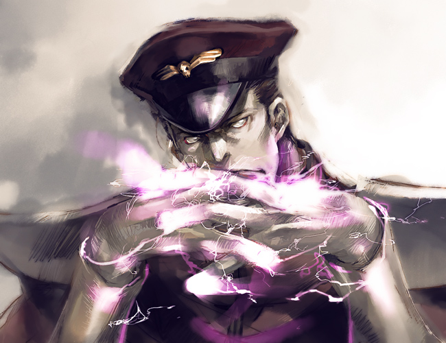 hideaki, m. bison, capcom, street fighter, black hair, hat, male focus, white eyes