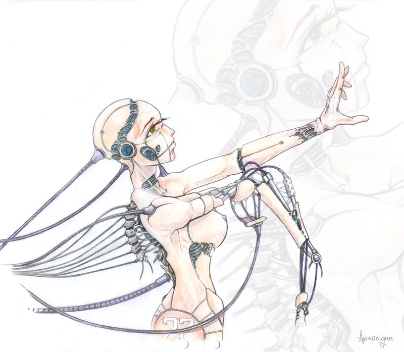 1girl, android, bald, breasts, female focus, nude, solo, yellow eyes