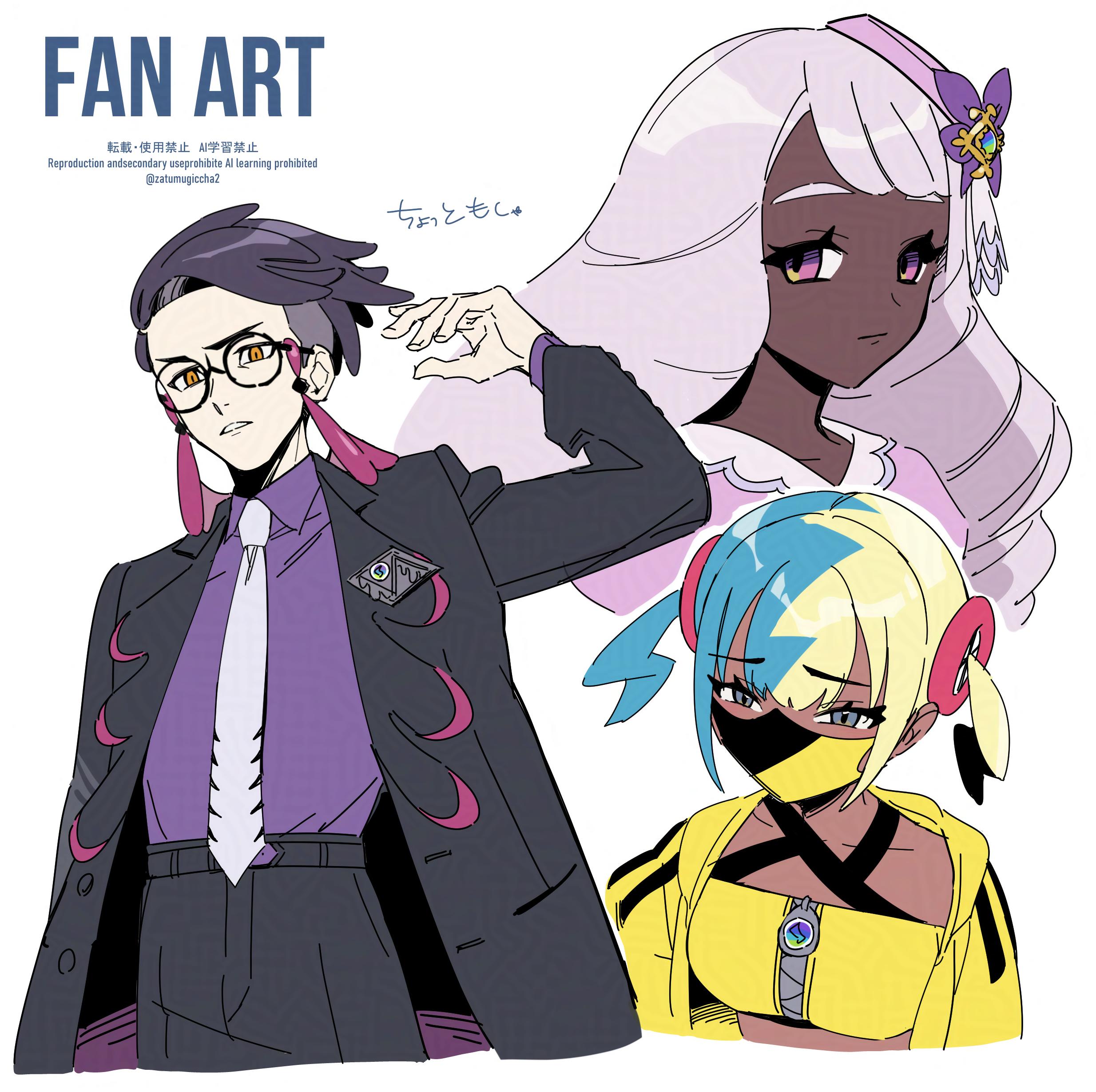 mugiccha2, canari (pokemon), corbeau (pokemon), jacinthe (pokemon), nintendo, pokemon, pokemon legends: z-a, absurdres, commentary request, highres, 1boy, 2girls, bandeau, black-framed eyewear, black coat, black hair, black pants, closed mouth, coat, collared shirt, dark-skinned female, dark skin, glasses, hand up, hood, hood down, hooded jacket, jacket, long sleeves, mask, mouth mask, multicolored hair, multiple girls, necktie, open clothes, open coat, pants, purple eyes, purple shirt, round eyewear, shirt, short hair, tilted headwear, yellow bandeau, yellow jacket, zipper, zipper pull tab