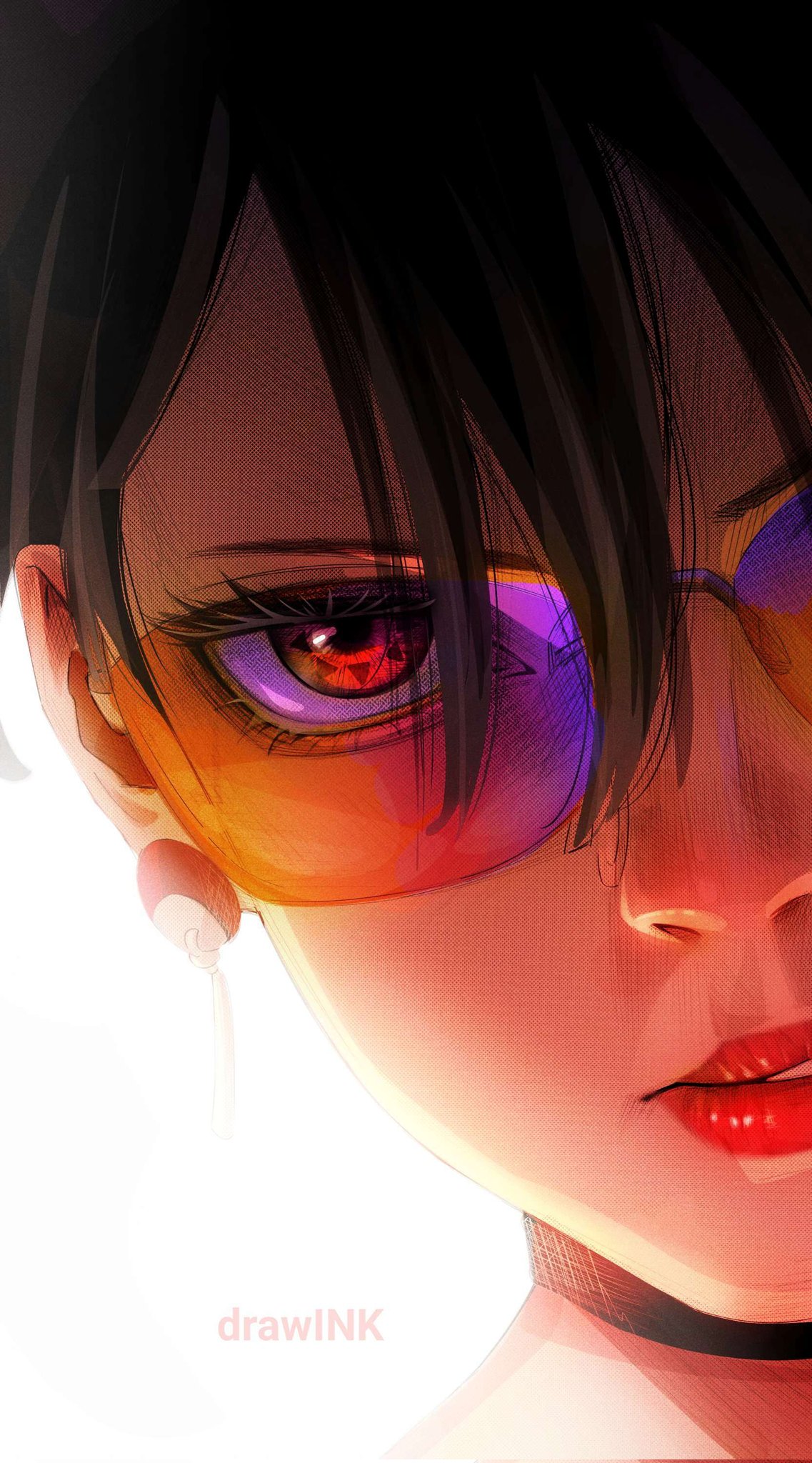 drawink, uchiha sarada, boruto: two blue vortex, naruto (series), commentary, corrupted twitter file, derivative work, highres, 1girl, artist name, backlighting, black hair, comic panel redraw, earrings, glasses, jewelry, mangekyou sharingan, parted lips, red eyes, red lips, rimless eyewear, sharingan, solo, uchiha symbol