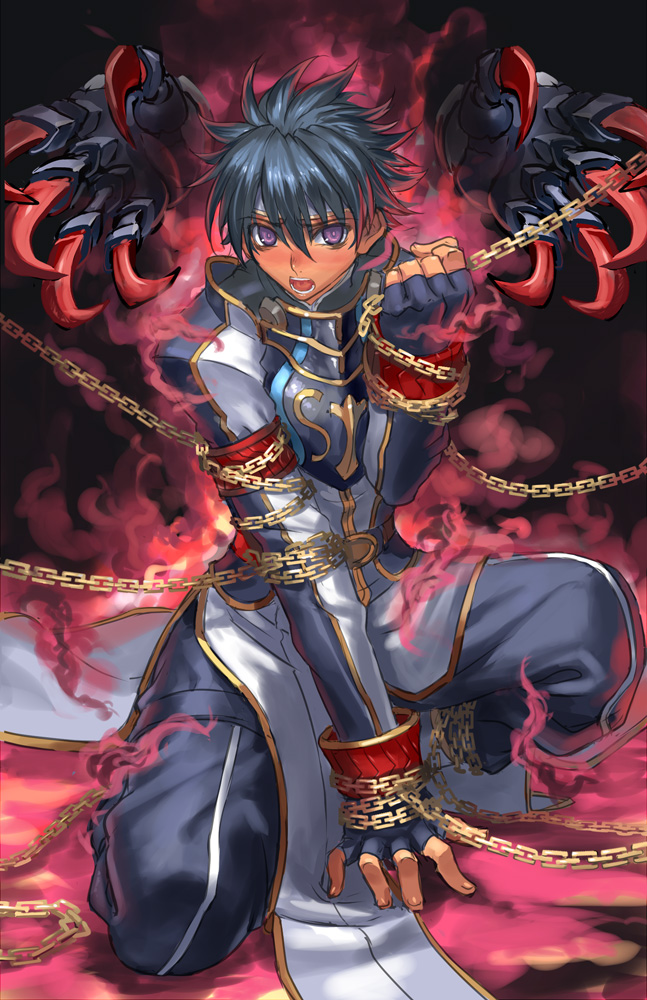 ran'ou (tamago no kimi), maxi (shinrabanshou), shinrabanshou, uniform, 1boy, armor, black hair, chain, claws, fingerless gloves, gloves, headband, magic, male focus, open mouth, purple eyes, short hair, solo, spiked hair