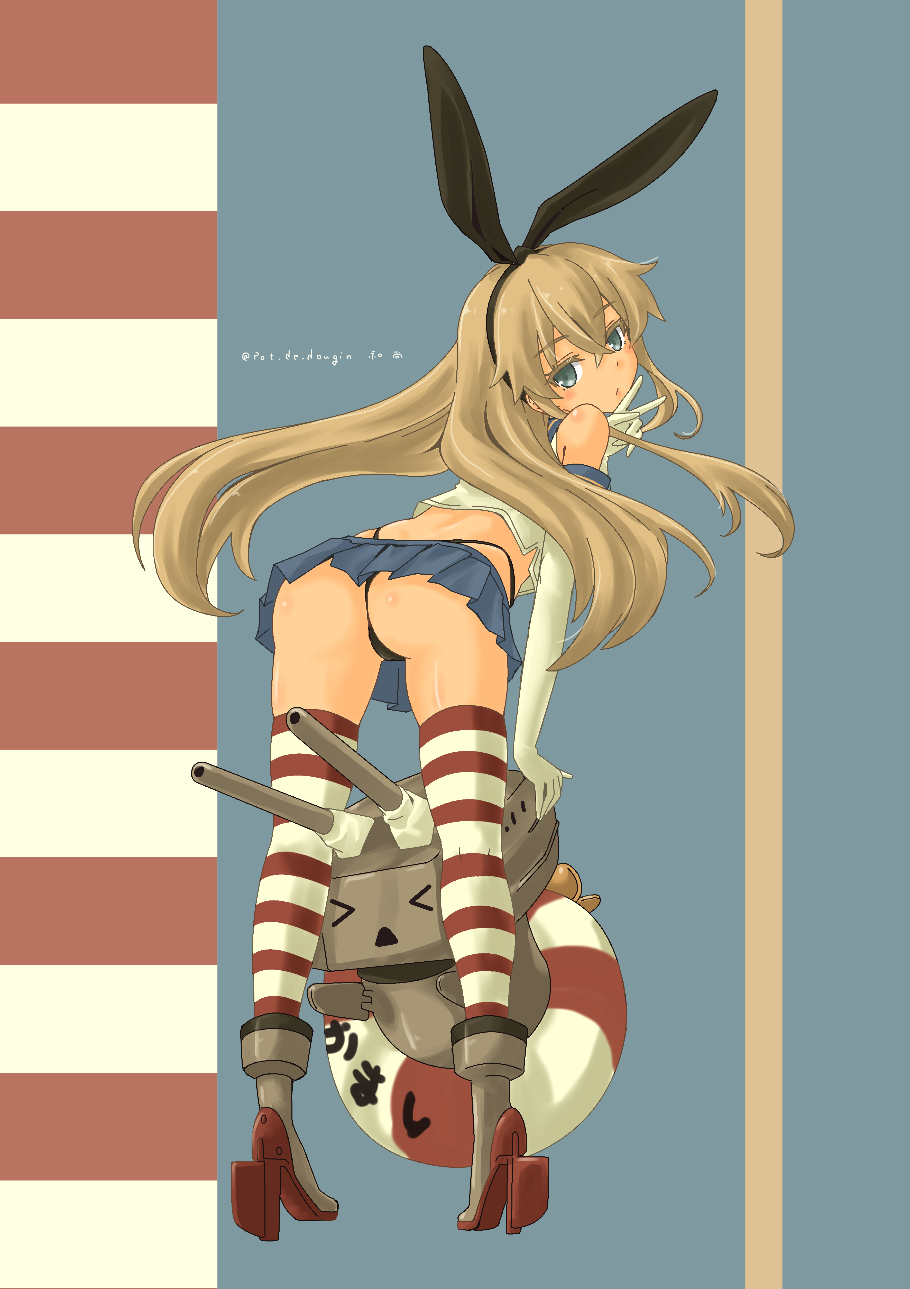 pot-de, rensouhou-chan, shimakaze (kancolle), kantai collection, absurdres, commentary request, highres, 1girl, ass, blonde hair, boots, crop top, elbow gloves, expressionless, g-string, gloves, green eyes, hairband, high heel boots, high heels, leaning forward, lifebuoy, long hair, looking at viewer, looking back, microskirt, rudder footwear, sailor collar, short sleeves, skindentation, skirt, solo, striped clothes, striped thighhighs, swim ring, thighhighs, thighs, thong, v, very long hair