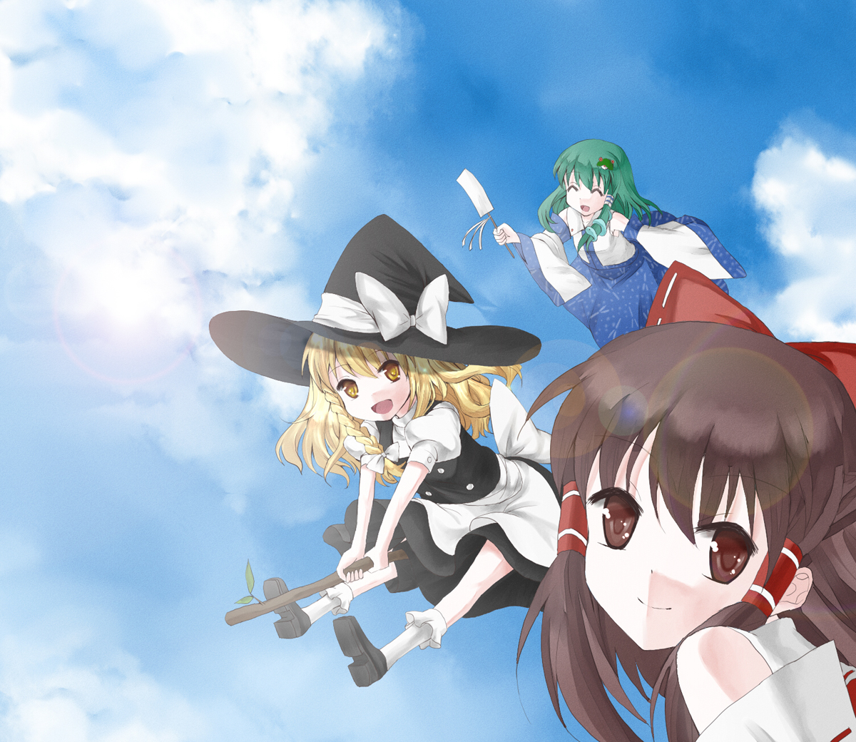 creamfully, hakurei reimu, kirisame marisa, kochiya sanae, touhou, bad id, bad pixiv id, 3girls, blonde hair, bow, braid, broom, brown eyes, brown hair, cloud, day, detached sleeves, female focus, frog, green hair, hair ornament, hat, japanese clothes, miko, multiple girls, short hair, sky, snake, witch, witch hat, yellow eyes