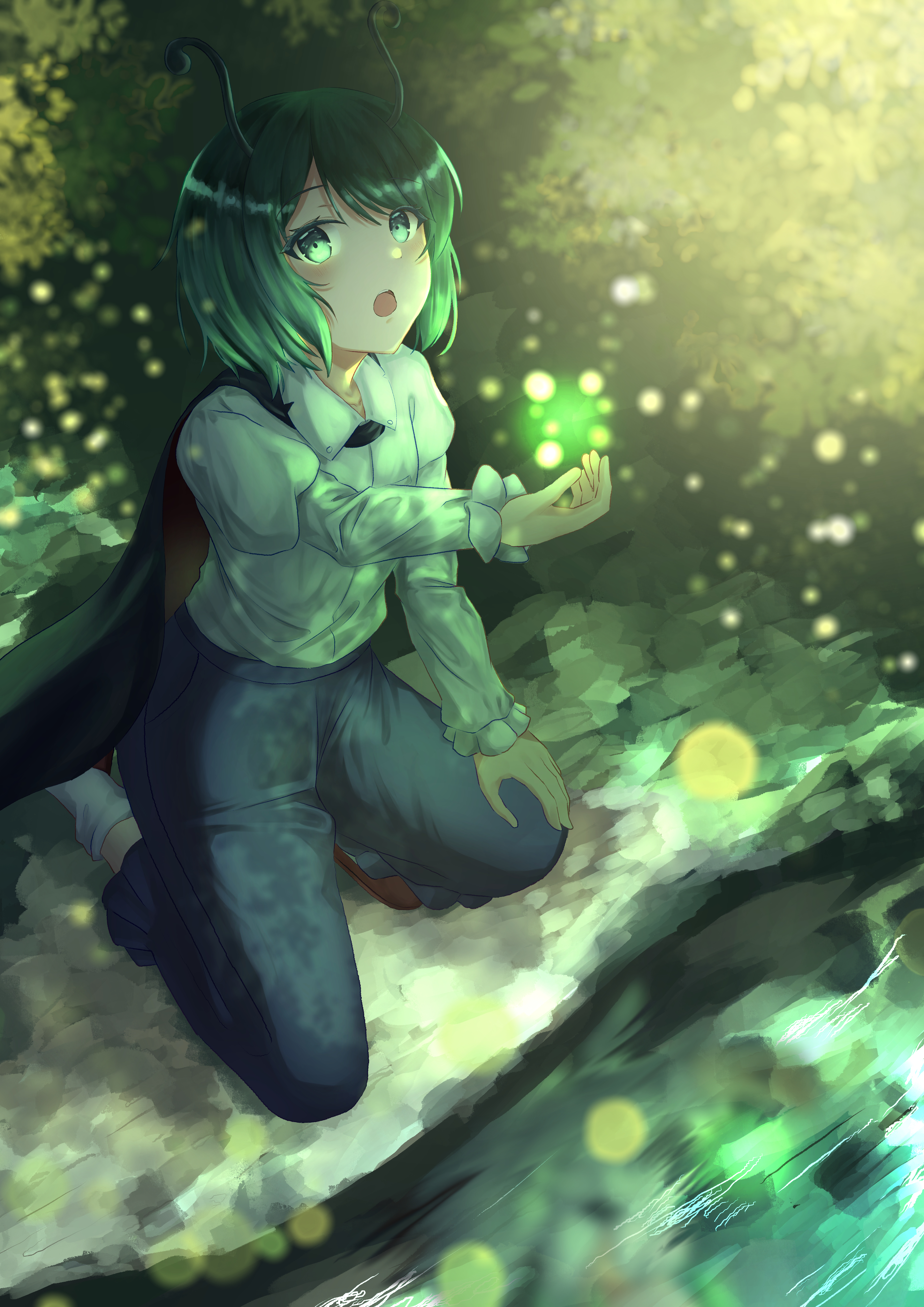 wriggle nightbug, touhou, absurdres, commentary request, highres, 1girl, :o, antennae, black cape, black pants, cape, collared shirt, fireflies, full body, green eyes, green hair, kneeling, long sleeves, looking at viewer, open mouth, pants, red cape, shirt, short hair, solo, two-sided cape, two-sided fabric, uruna00, white shirt