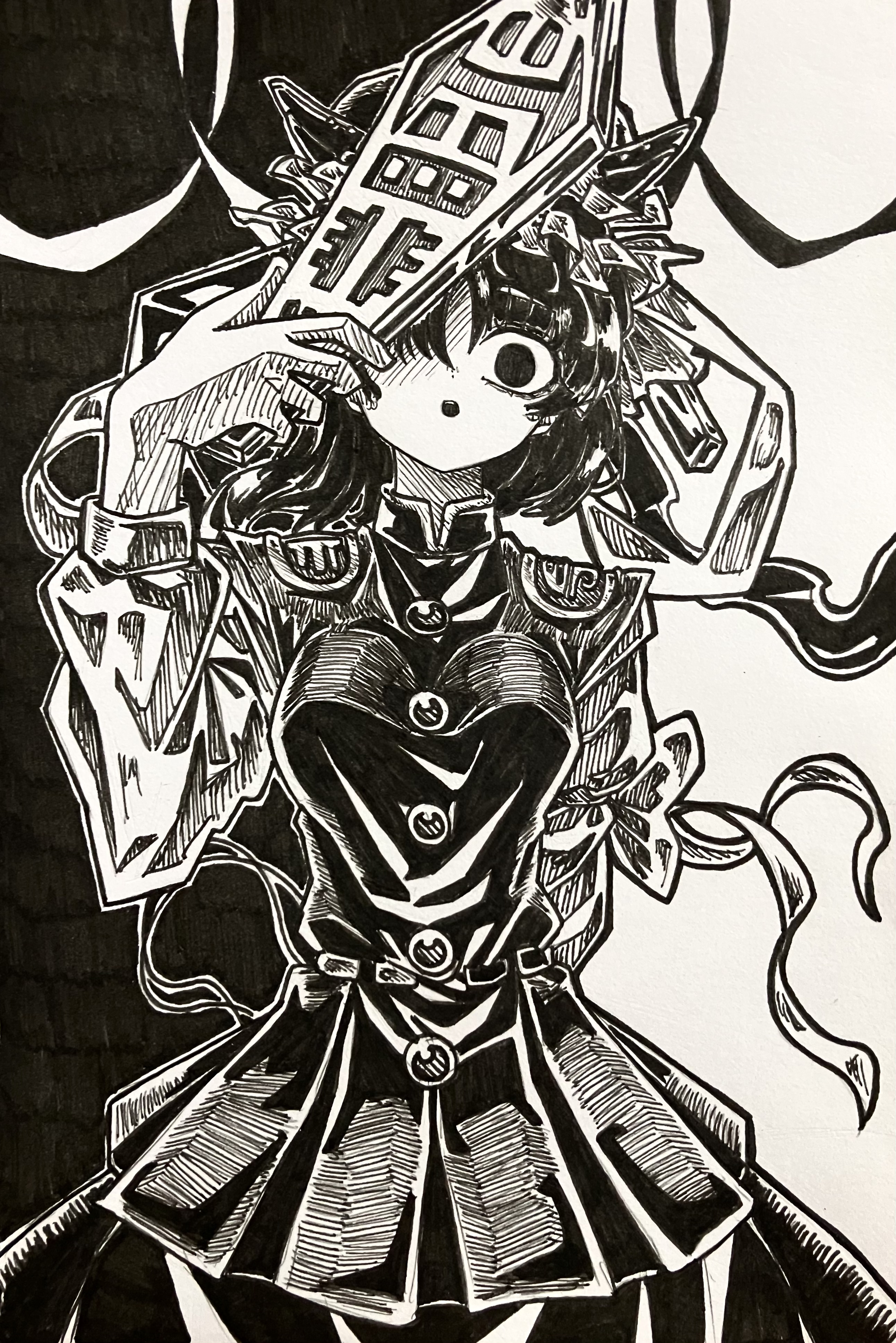 tanishi (agaribito snail), shiki eiki, touhou, absurdres, commentary request, highres, traditional media, 1girl, breasts, buttons, cowboy shot, empty eyes, epaulettes, frilled hat, frills, greyscale, hair over one eye, hat, holding, long sleeves, looking at viewer, medium breasts, monochrome, open mouth, rod of remorse, short hair, skirt, solo, two-tone background, vest