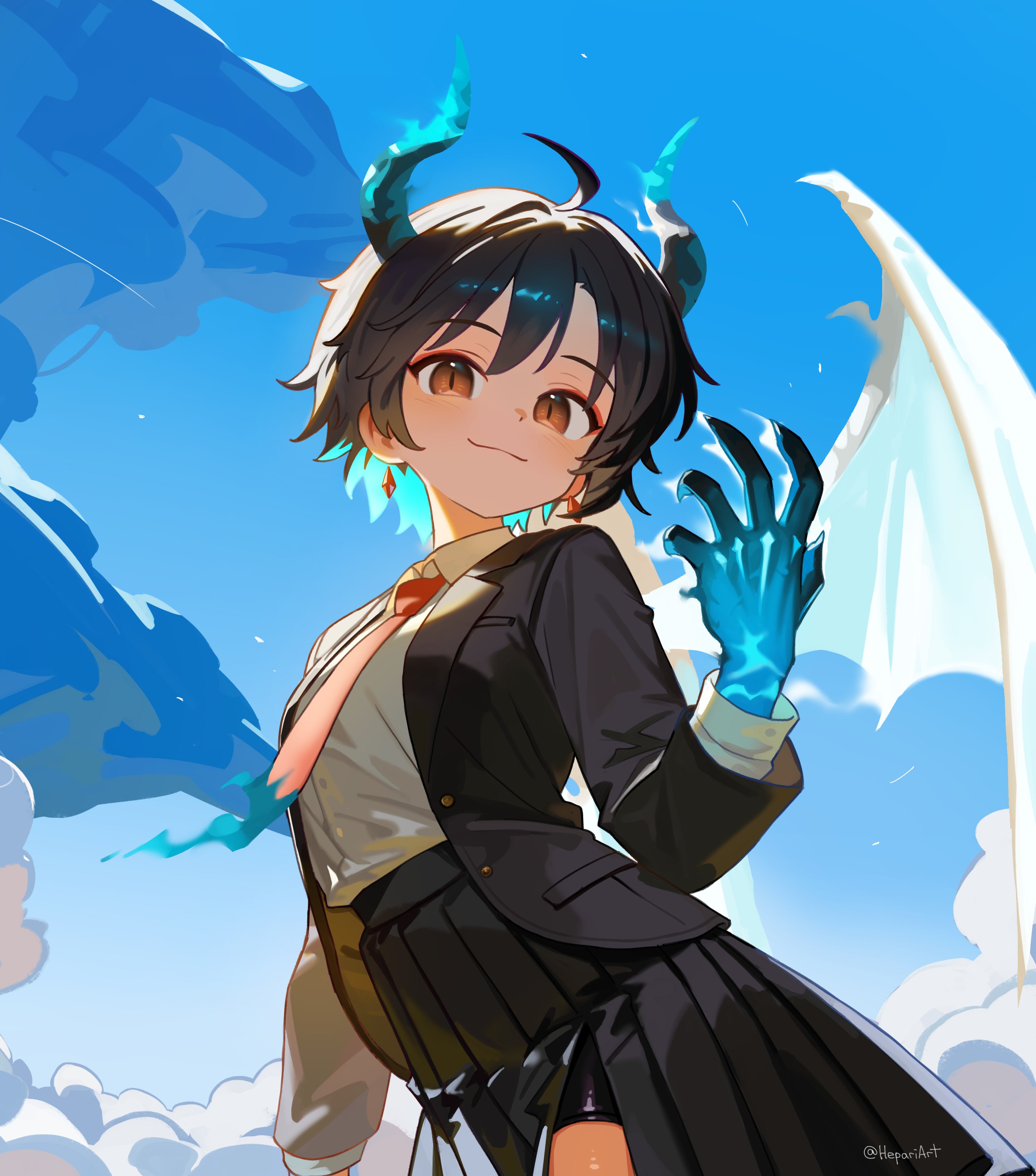 hepari, original, absurdres, commentary, english commentary, highres, 1girl, ahoge, black hair, black jacket, black skirt, blue hands, blue horns, blue sky, blush, brown eyes, closed mouth, cloud, collared shirt, cowboy shot, day, hand up, horns, jacket, long sleeves, looking at viewer, necktie, open clothes, open jacket, outdoors, pleated skirt, red necktie, shirt, short hair, skirt, sky, smile, solo, white shirt