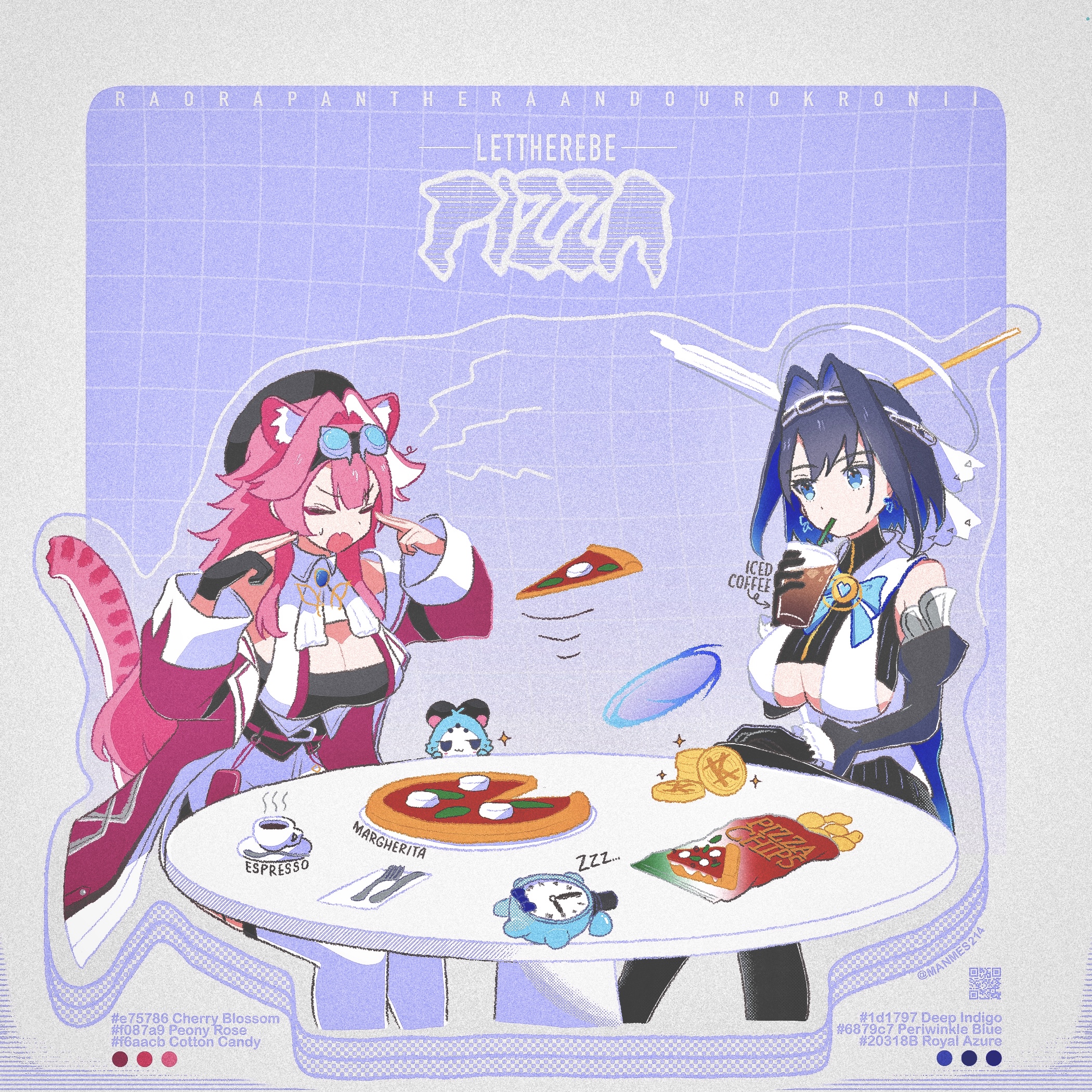 manmes 214, kronie (ouro kronii), ouro kronii, ouro kronii (1st costume), raora panthera, raora panthera (1st costume), hololive, hololive english, commentary, english commentary, highres, 2girls, animal ear fluff, animal ears, black hair, black thighhighs, black tube top, blue eyes, blue hair, bow, bow earrings, breasts, chain, chain headband, cleavage, coffee, drinking, earrings, english text, food, gloves, goggles, hair between eyes, hair intakes, heart-shaped gem, iced coffee, jewelry, large breasts, long hair, long sleeves, man levitating pizza (meme), margherita pizza, meme, multicolored hair, multiple girls, open mouth, panther ears, panther girl, panther tail, pink hair, pink tail, pizza, ribbon earrings, short hair, sitting, strapless, streaked hair, table, tail, telekinesis, thighhighs, tube top, virtual youtuber, white hair, white thighhighs