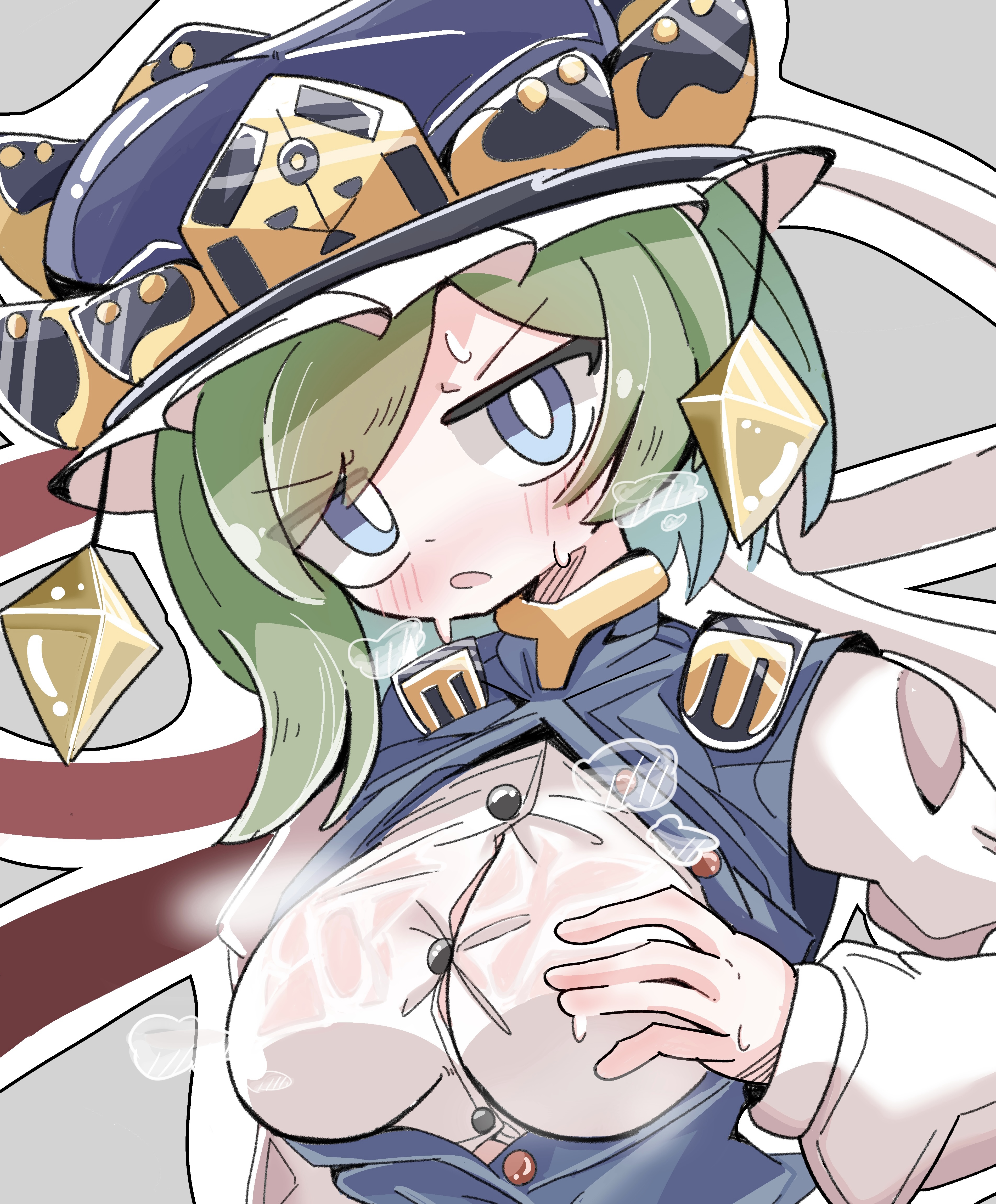 shiki eiki, touhou, absurdres, commentary request, highres, 1girl, blue eyes, blue hat, blue vest, blush, breasts, bright pupils, buttons, green hair, grey background, hat, kurakurasiteru, long sleeves, looking at viewer, medium breasts, open mouth, see-through clothes, shirt, short hair, simple background, solo, sweat, upper body, v-shaped eyebrows, vest, white pupils, white shirt