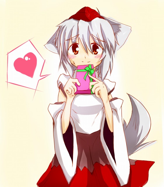natui, inubashiri momiji, touhou, silver hair, 1girl, animal ears, blush, detached sleeves, female focus, gift, hat, heart, holding, holding gift, red eyes, short hair, solo, tail, tokin hat, wolf ears, wolf tail