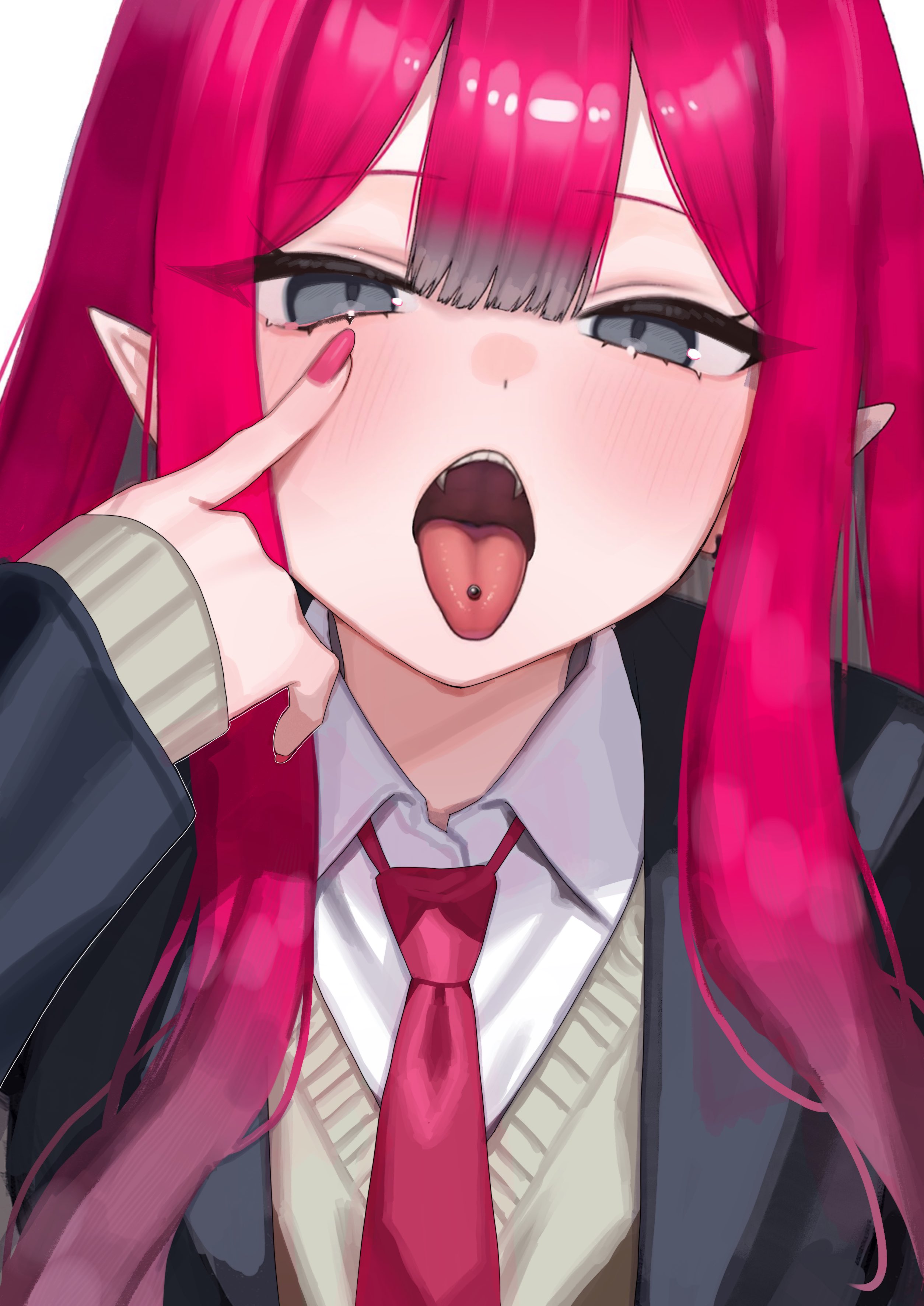 katashiro, baobhan sith (fate), fate/grand order, fate (series), absurdres, commentary request, highres, 1girl, blush, grey eyes, looking at viewer, necktie, open mouth, piercing, pink hair, pink necktie, pointy ears, school uniform, solo, tongue, tongue out, tongue piercing, upper body