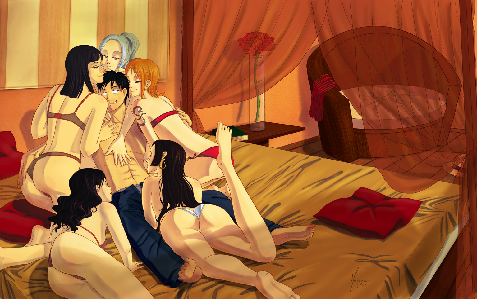 alvida (one piece), boa hancock, monkey d. luffy, nami (one piece), nefertari vivi, nico robin, one piece, 1boy, 5girls, abs, ass, bad anatomy, barefoot, bed, black eyes, black hair, blue eyes, blue hair, bra, earrings, feet, flower, girl sandwich, harem, hetero, jewelry, lingerie, long hair, multiple girls, orange hair, panties, pimp, ponytail, sandwiched, scar, short hair, sitting, smile, tattoo, thong, topless female, underwear, underwear only