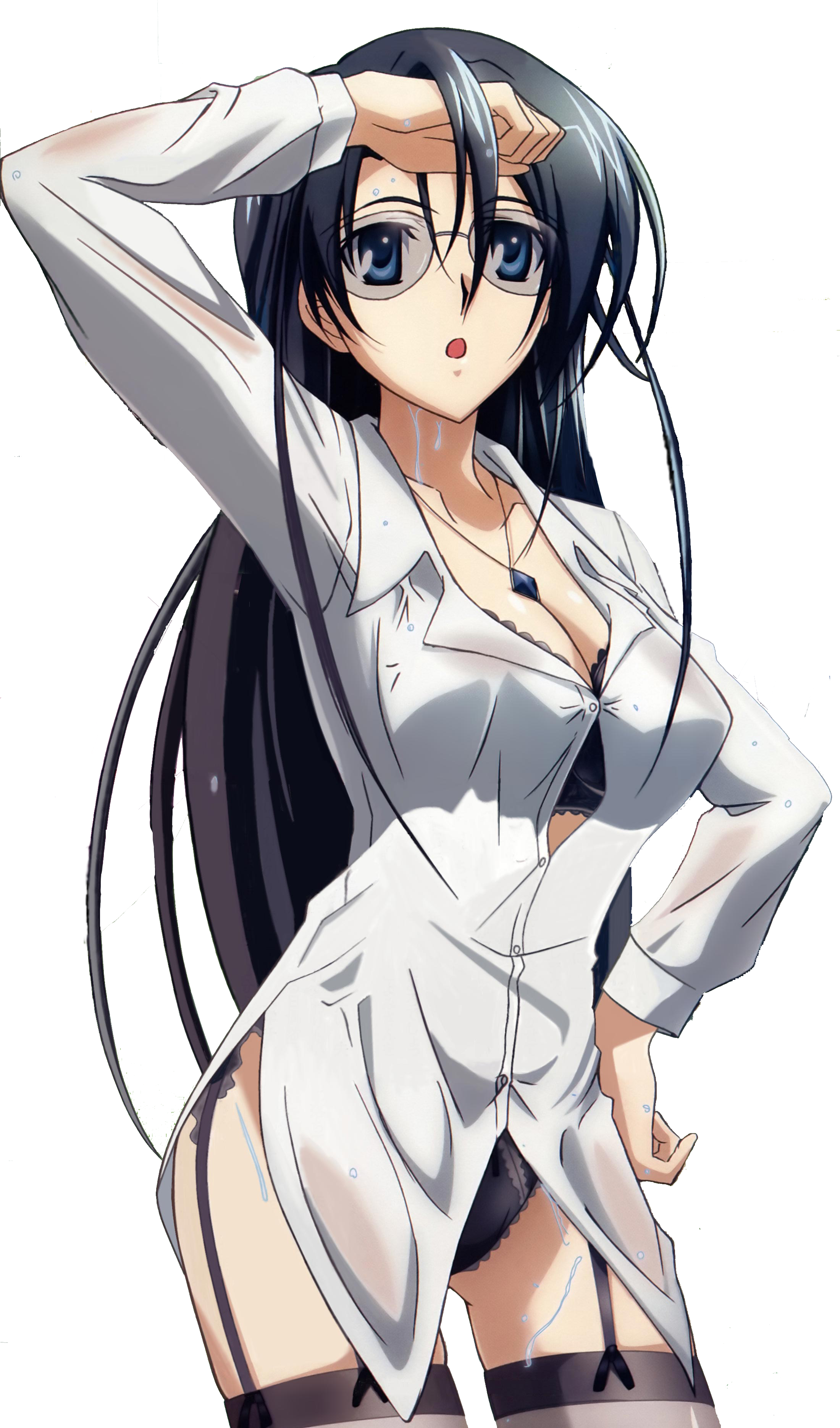 tamura masafumi, anehara misa, yoku wakaru gendai mahou, absurdres, highres, jpeg artifacts, third-party edit, third-party extraction, 00s, 1girl, black bra, black hair, black panties, blue eyes, bra, breasts, cleavage, female focus, garter belt, glasses, jewelry, large breasts, lingerie, long hair, necklace, no pants, panties, shirt, solo, thighhighs, transparent background, underwear, wet, wet clothes, wet shirt
