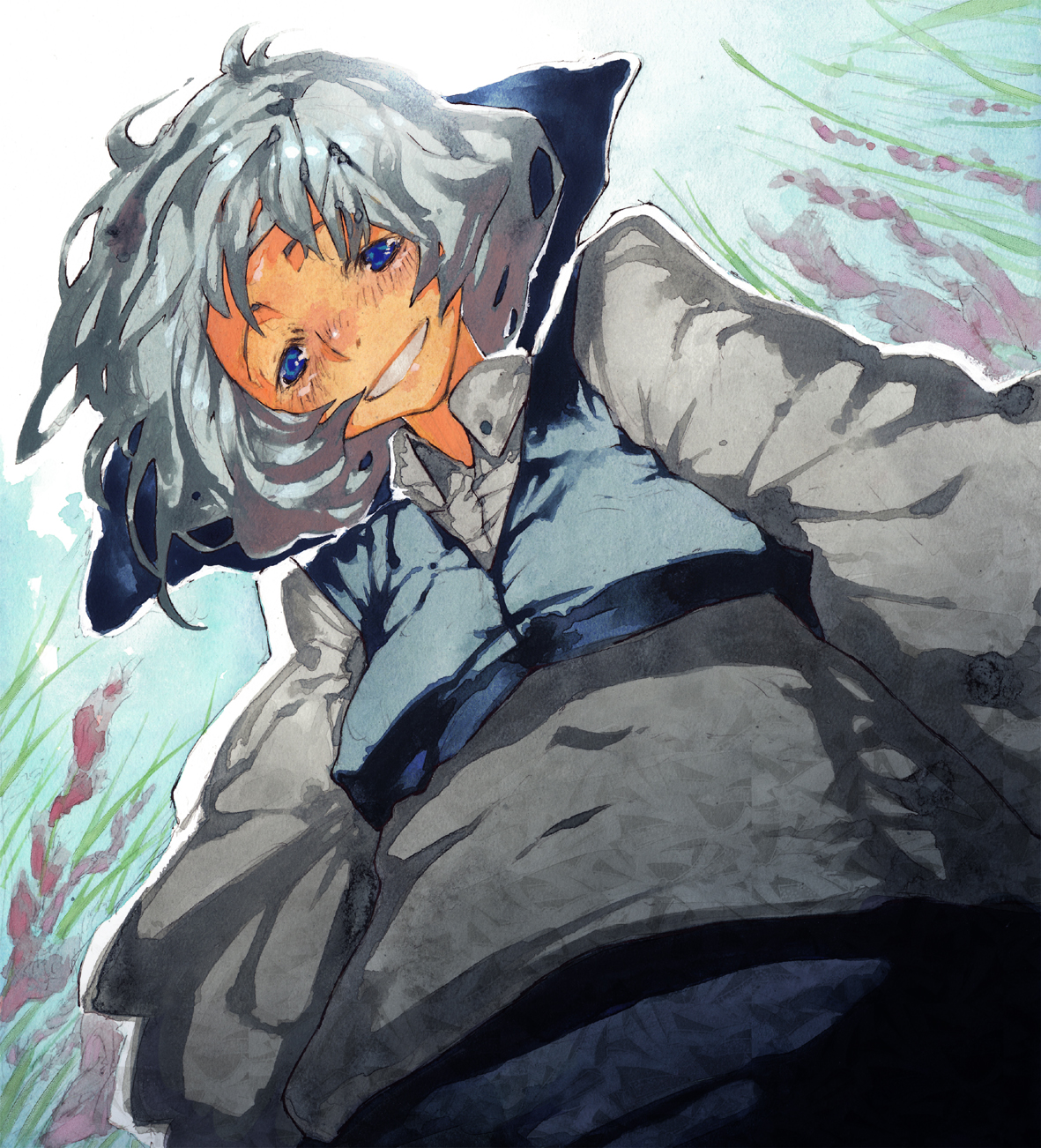 chomoran, cirno, touhou, bad id, bad pixiv id, highres, traditional media, blush, collared shirt, foreshortening, from below, looking down, shirt, smile, solo