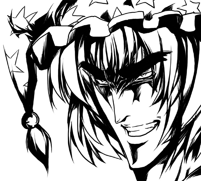 take shinobu, takesinobu, yakumo ran, touhou, bad id, bad pixiv id, 1girl, female focus, greyscale, hat, manly, monochrome, solo