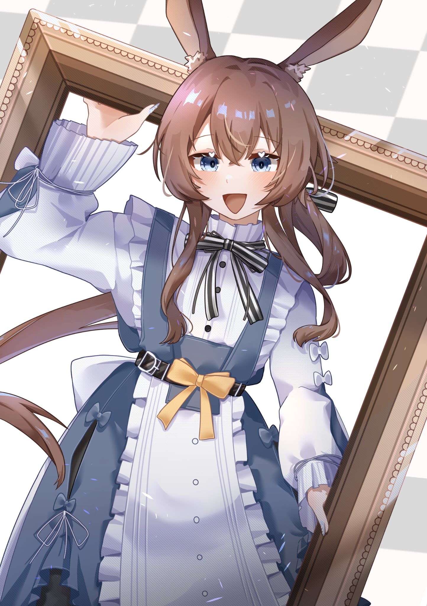 8 nana usagi, amiya (arknights), arknights, commentary, highres, tagme, 1girl, :d, alternate costume, animal ears, blue bow, blue eyes, bow, brown hair, grey nails, long hair, looking at viewer, maid, open mouth, picture frame, rabbit ears, ribbon, smile, yellow bow